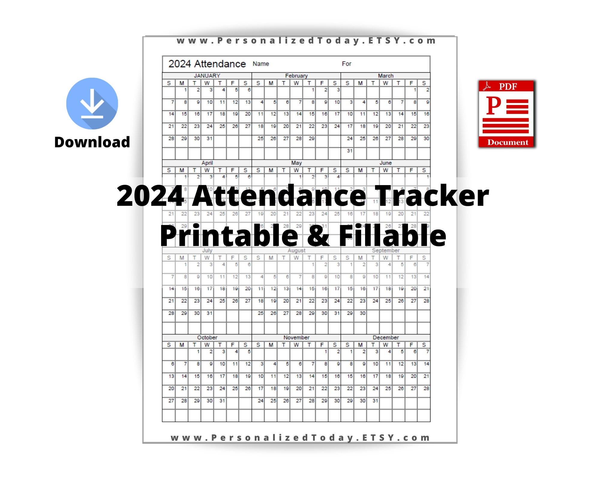 2024 Yearly Attendance Calendar Fillable And Print And Write | 2024 Attendance Calendar Printable Free