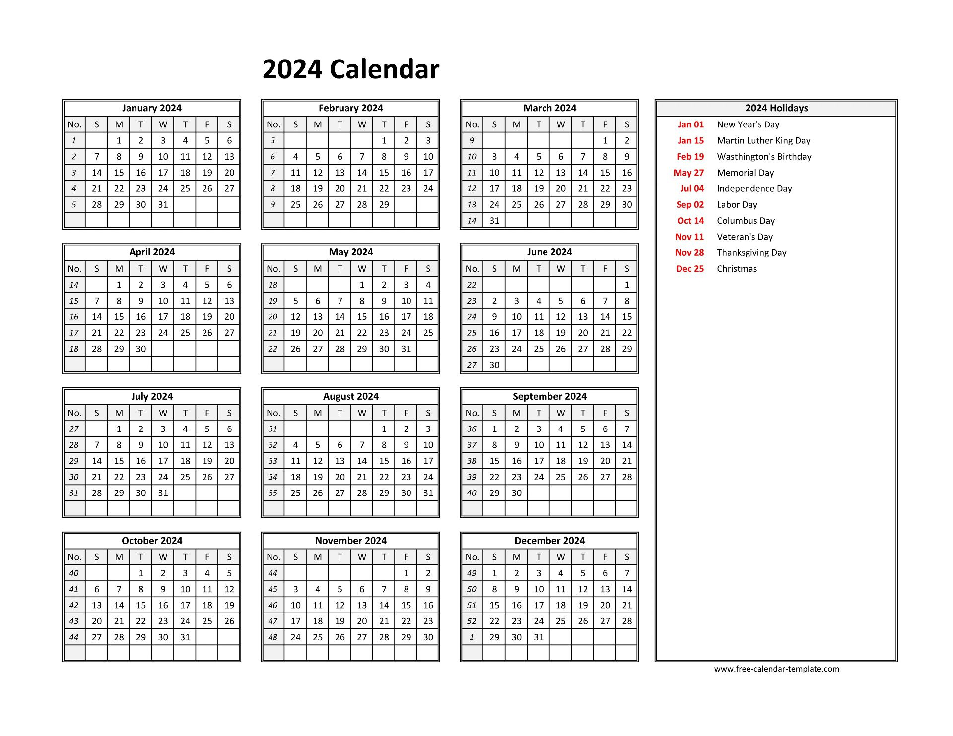 2024 Yearly Calendar Printable With Week Numbers | Free-Calendar | 2024 Calendar Printable Word