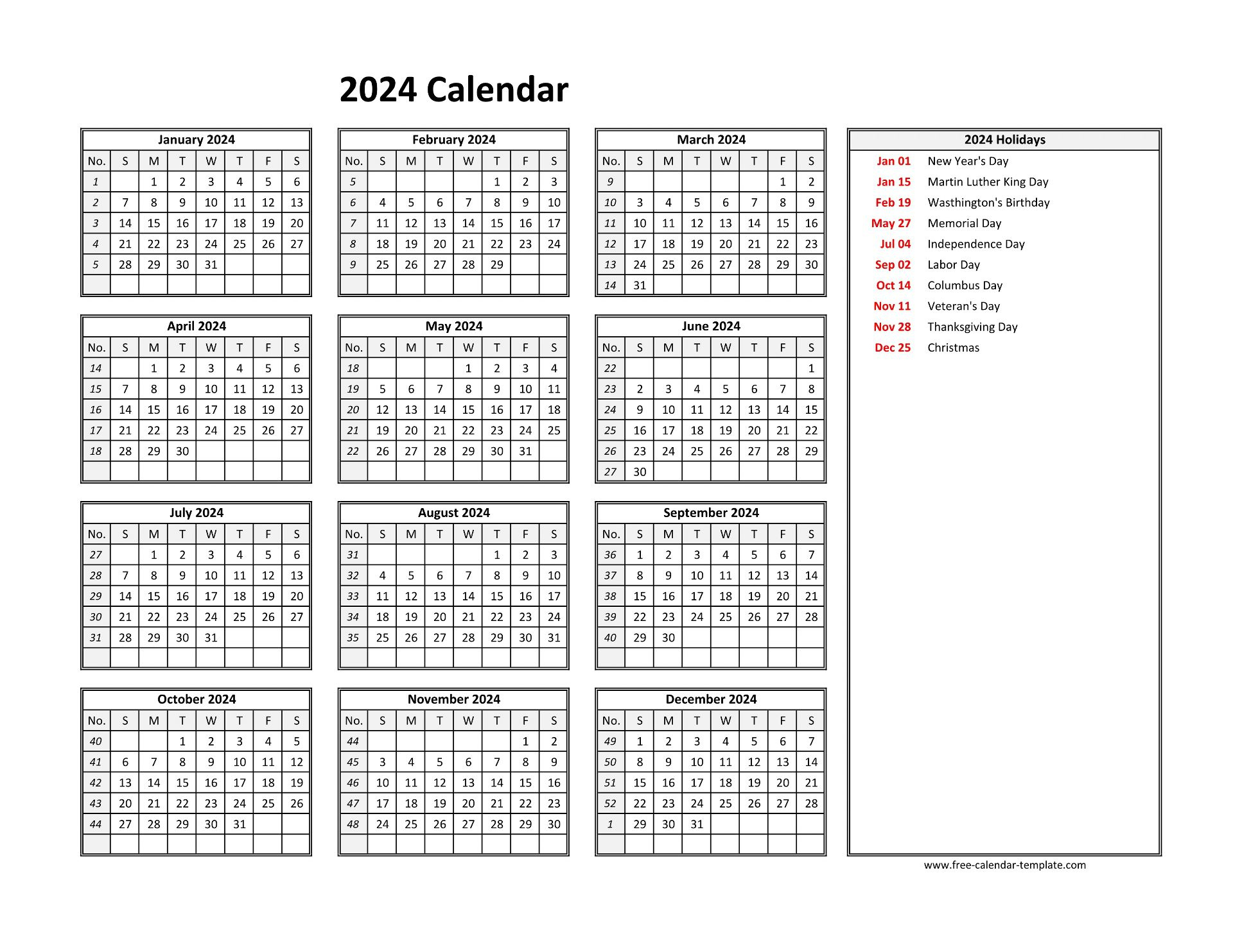 2024 Yearly Calendar Printable With Week Numbers | Free-Calendar |  Calendar 2024
