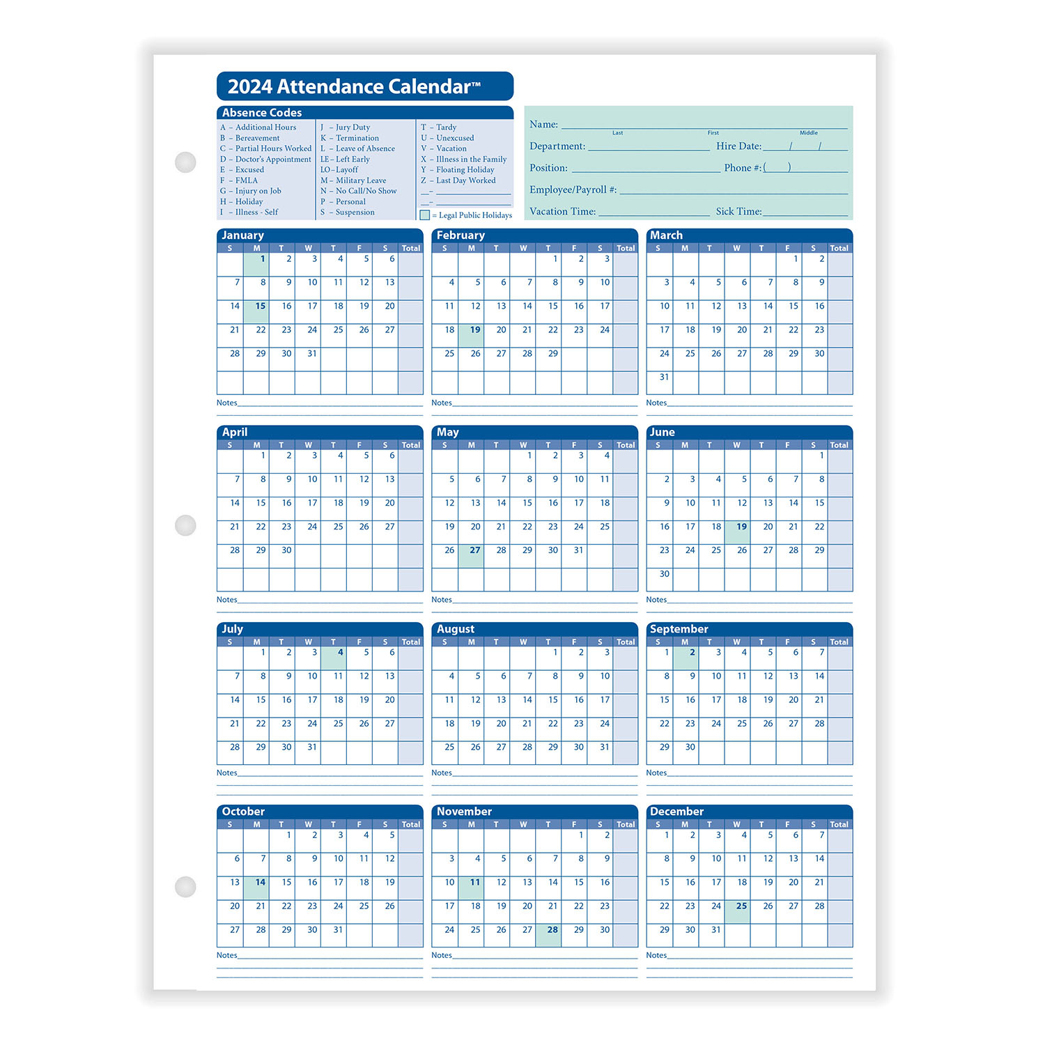 2024 Yearly Employee Attendance Calendar | Yearly Calendar | Hrdirect | 2024 Attendance Calendar Printable