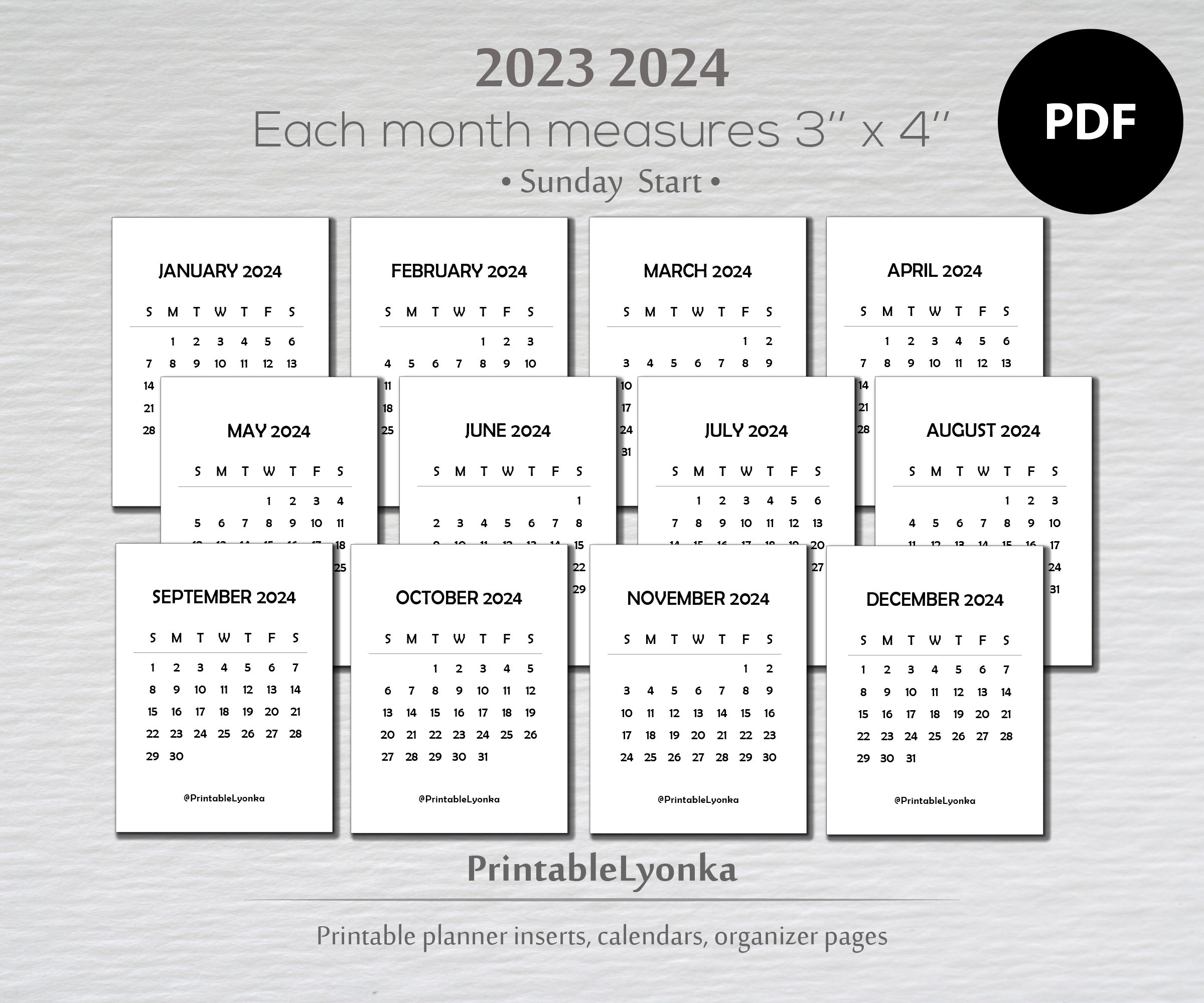 3 X 4 Mini Calendars 2023 2024 Printable Pdf - Etsy Israel | Small Printable Calendar 2024