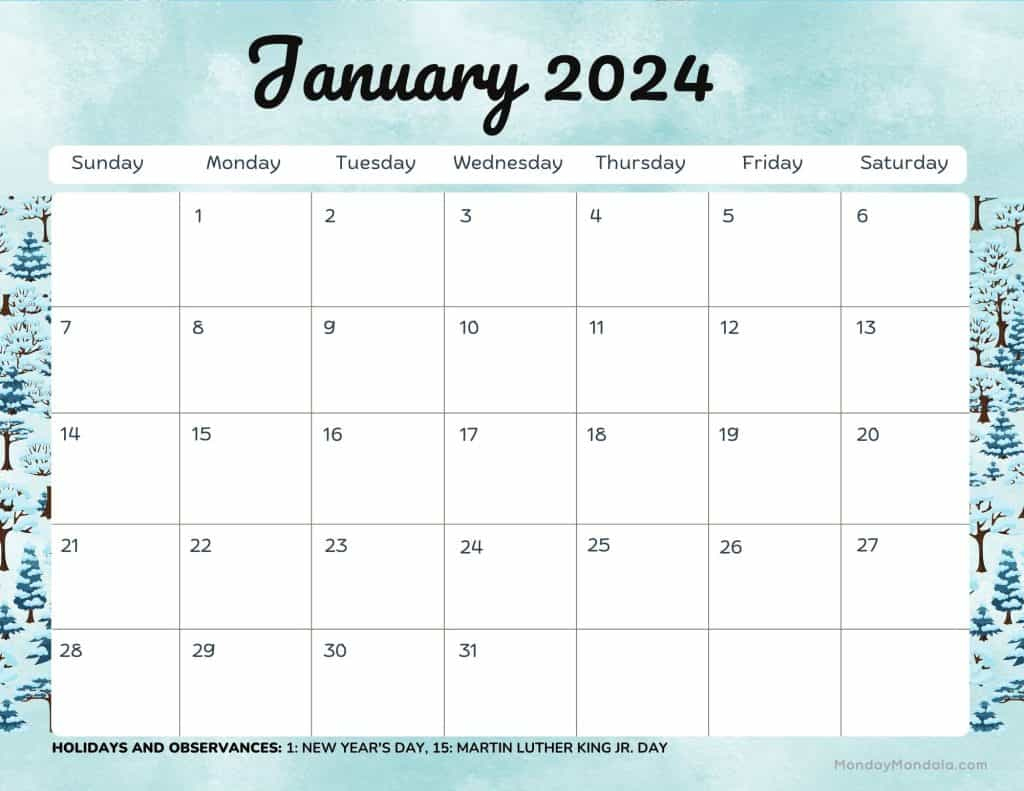 52 January 2024 Calendars (Free Pdf Printables) | January 2024 Calendar with Holidays Printable