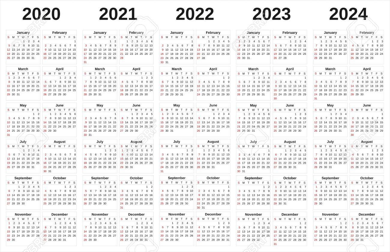 A 2020-2024 Annual Calendar With White Background. Stock Photo | 4 Year Calendar 2020 to 2024 Printable