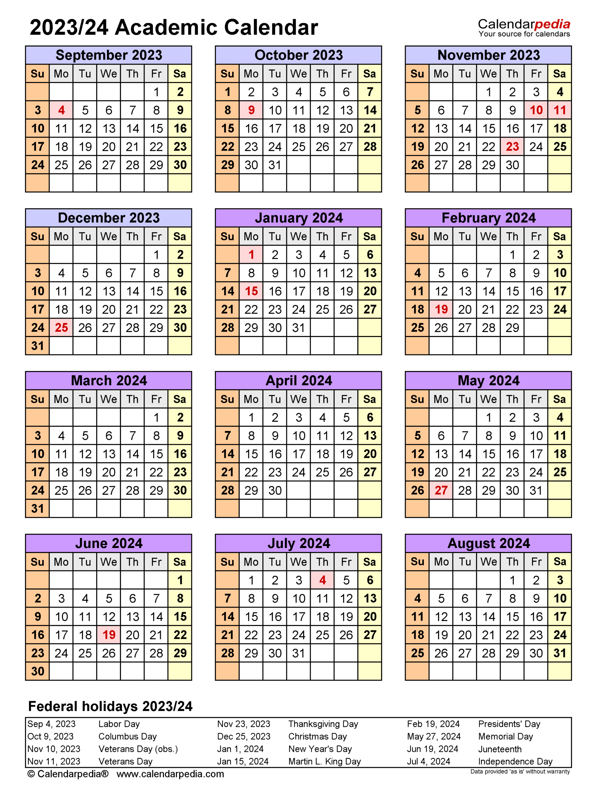 Academic Calendars 2023/2024 - Free Printable Pdf Templates | 2023 and 2024 Academic Calendar Printable