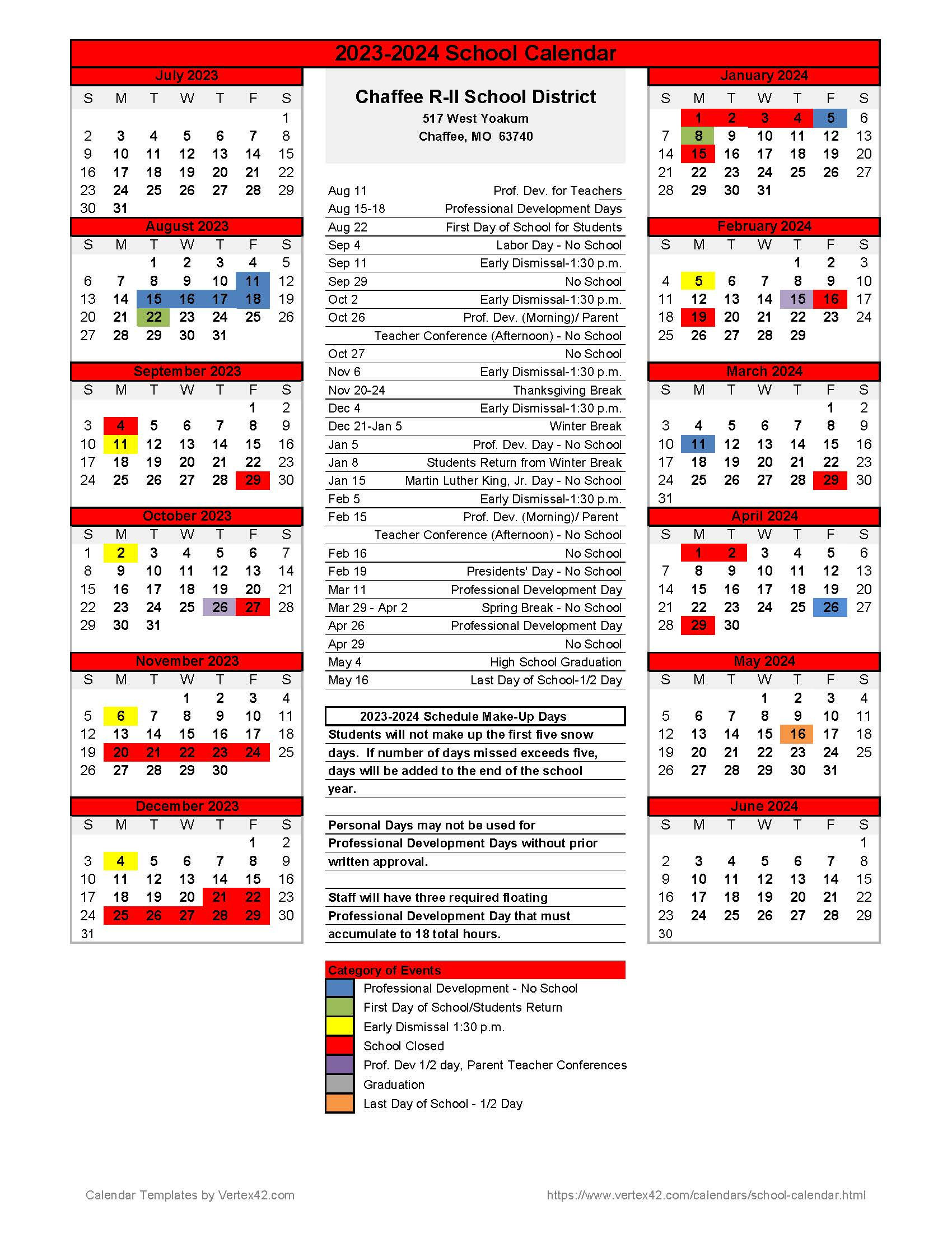 Academic School Calendar 2023-2024 - Chaffee R-2 School District | Mizzou Academic Calendar 2024 Printable