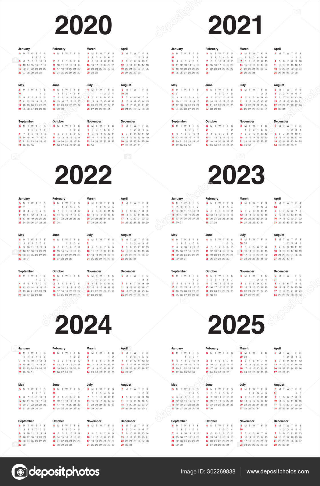 Année 2020 2021 2022 2023 2024 2025 Calendrier Vectoriel Design | 5 Year Calendar 2020 to 2024 Printable