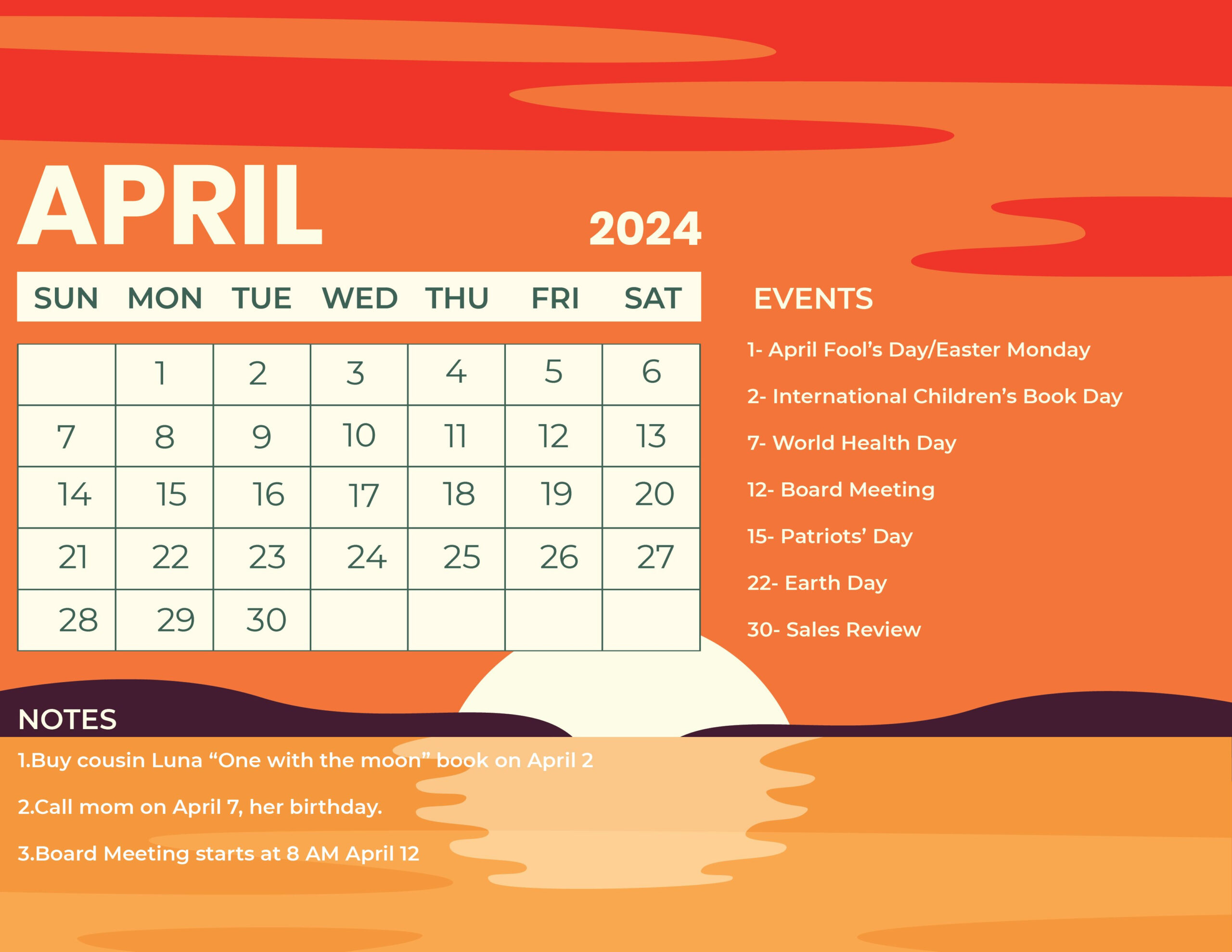 April 2024 Calendar With Holidays - Download In Word, Illustrator | April 2024 Calendar with Holidays Printable Free