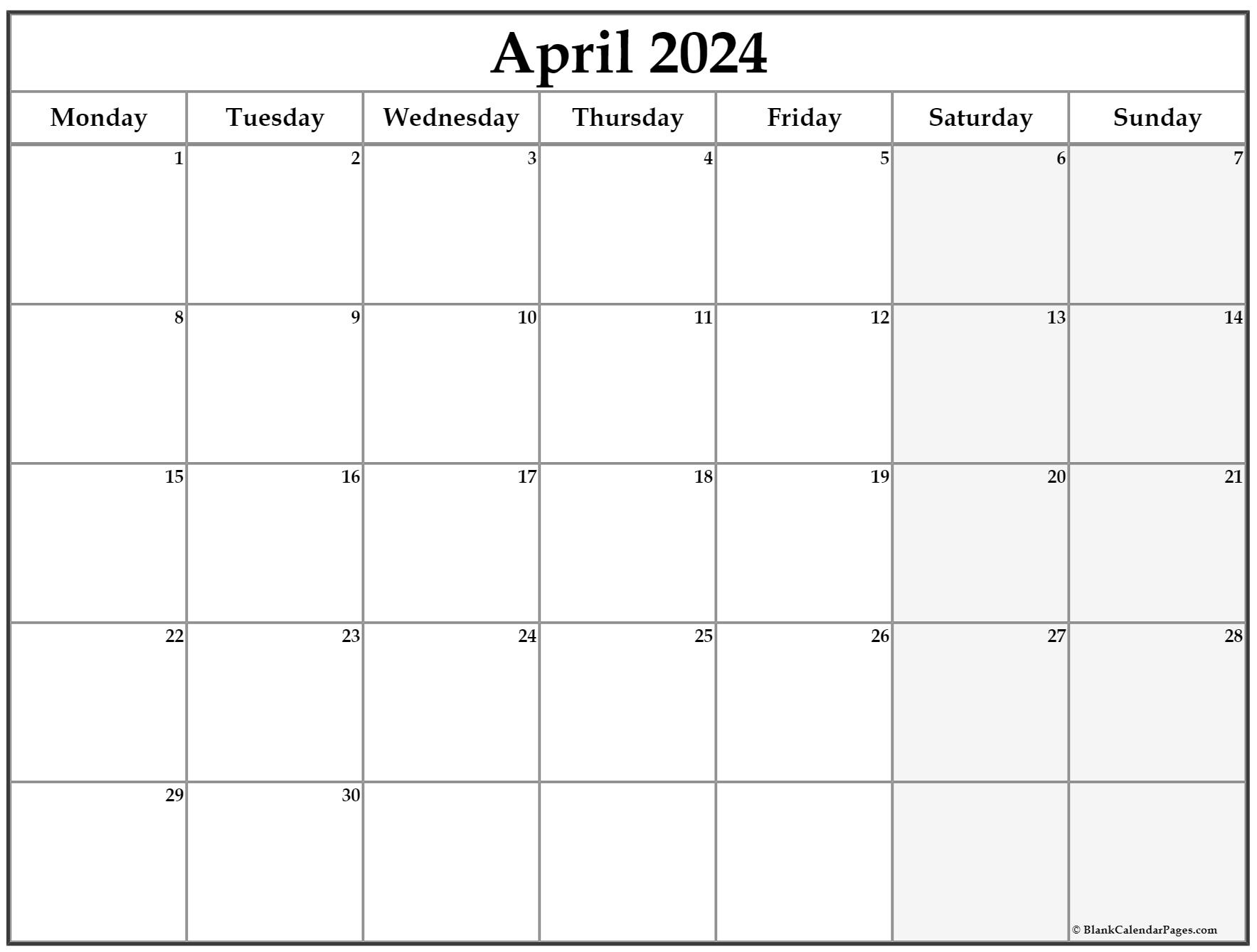 April 2024 Monday Calendar | Monday To Sunday |  Calendar 2024