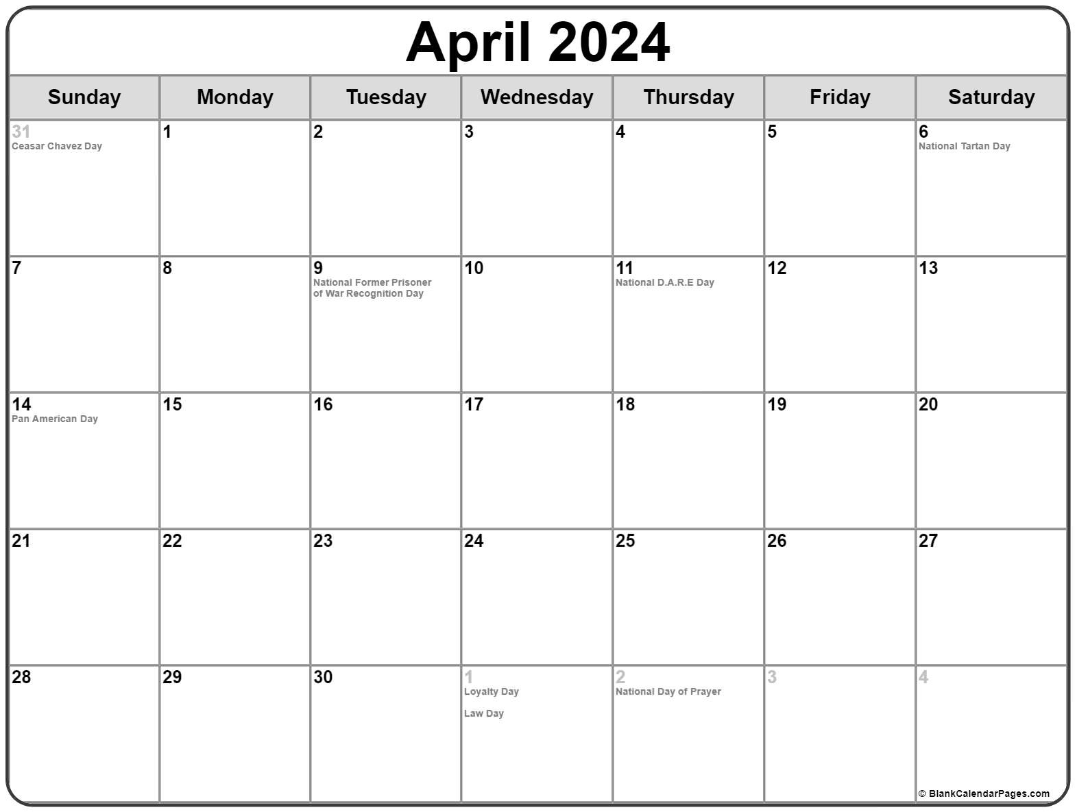 April 2024 With Holidays Calendar |  Calendar 2024