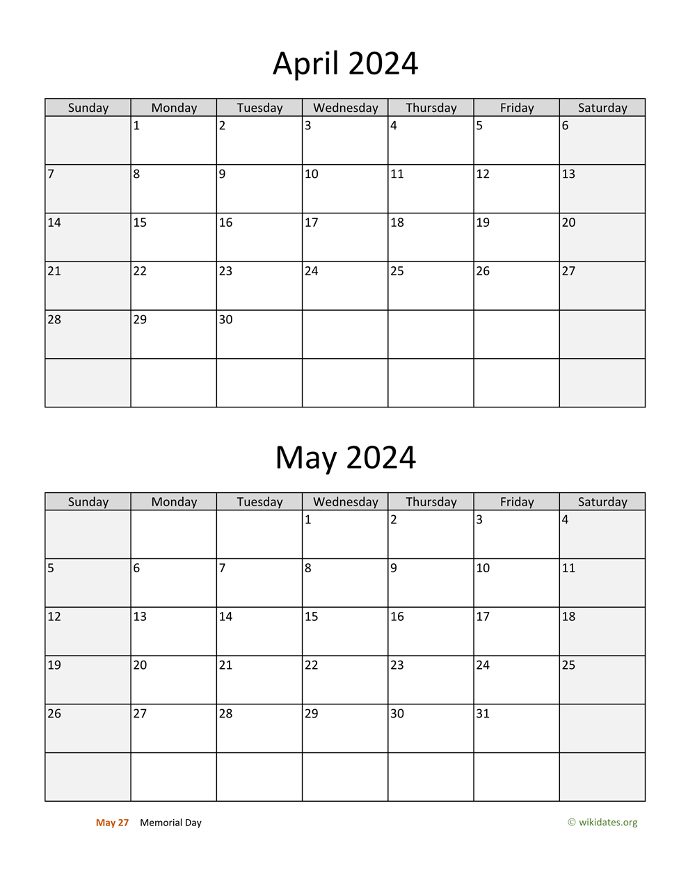 April And May 2024 Calendar | Wikidates |  Calendar 2024