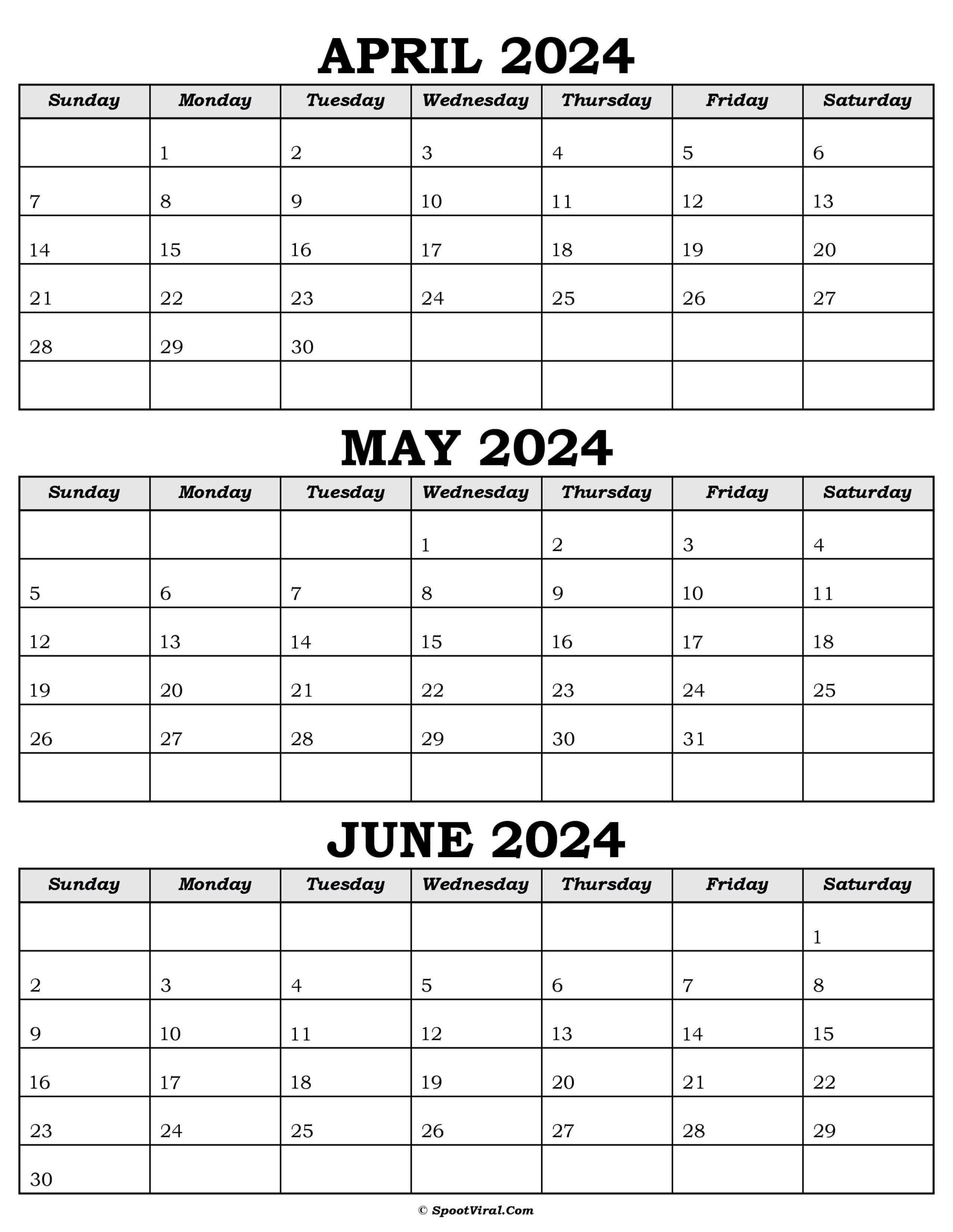 April To June 2024 Calendar Templates - Spootviral | April May June 2024 Calendar Printable