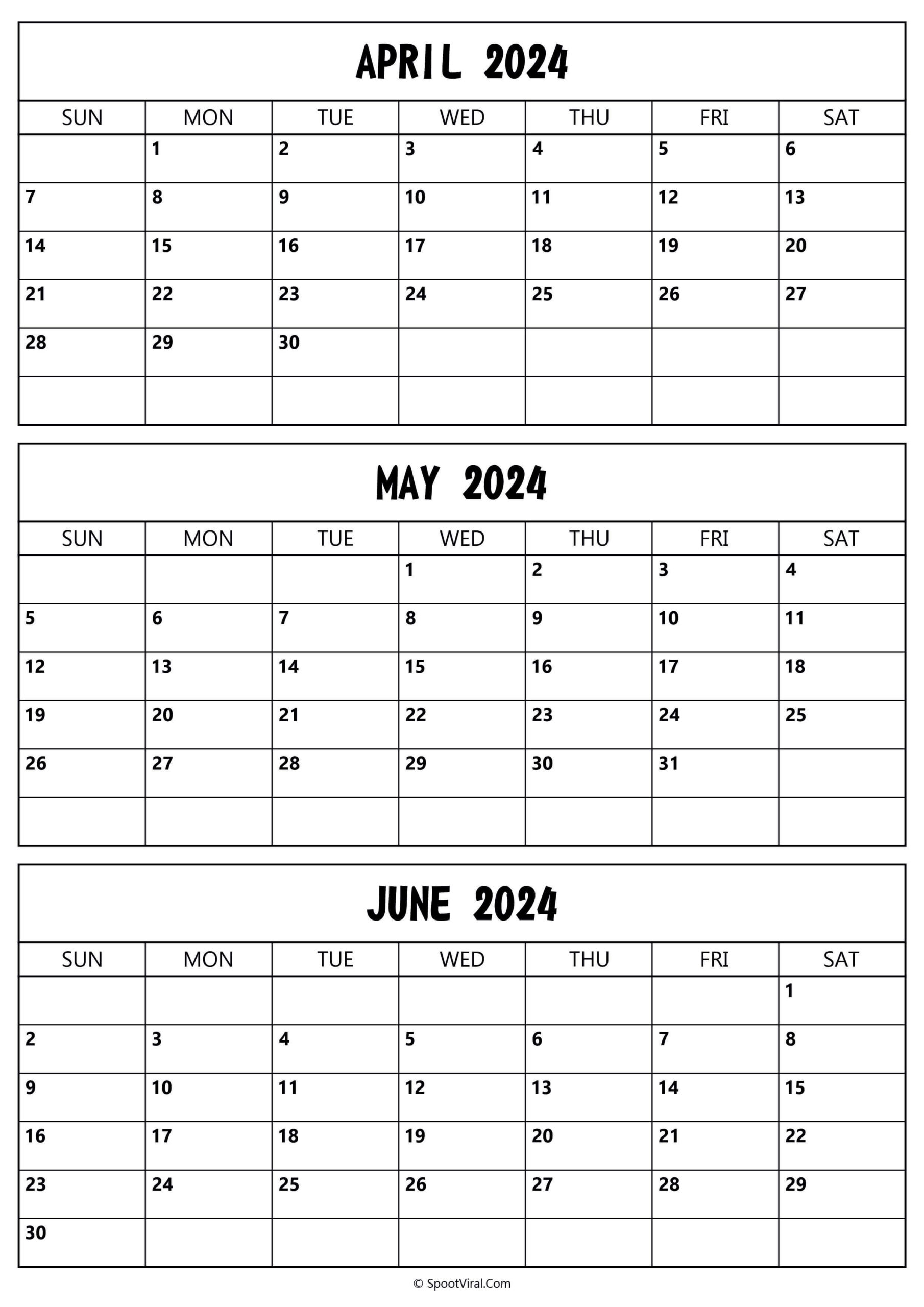 April To June 2024 Calendar Templates - Spootviral |  Calendar 2024