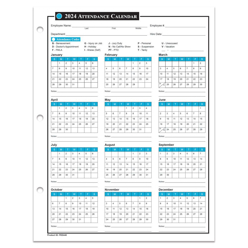 Attendance Calendar For 2024 From Laborlawcenter | 2024 Attendance Calendar Printable Free