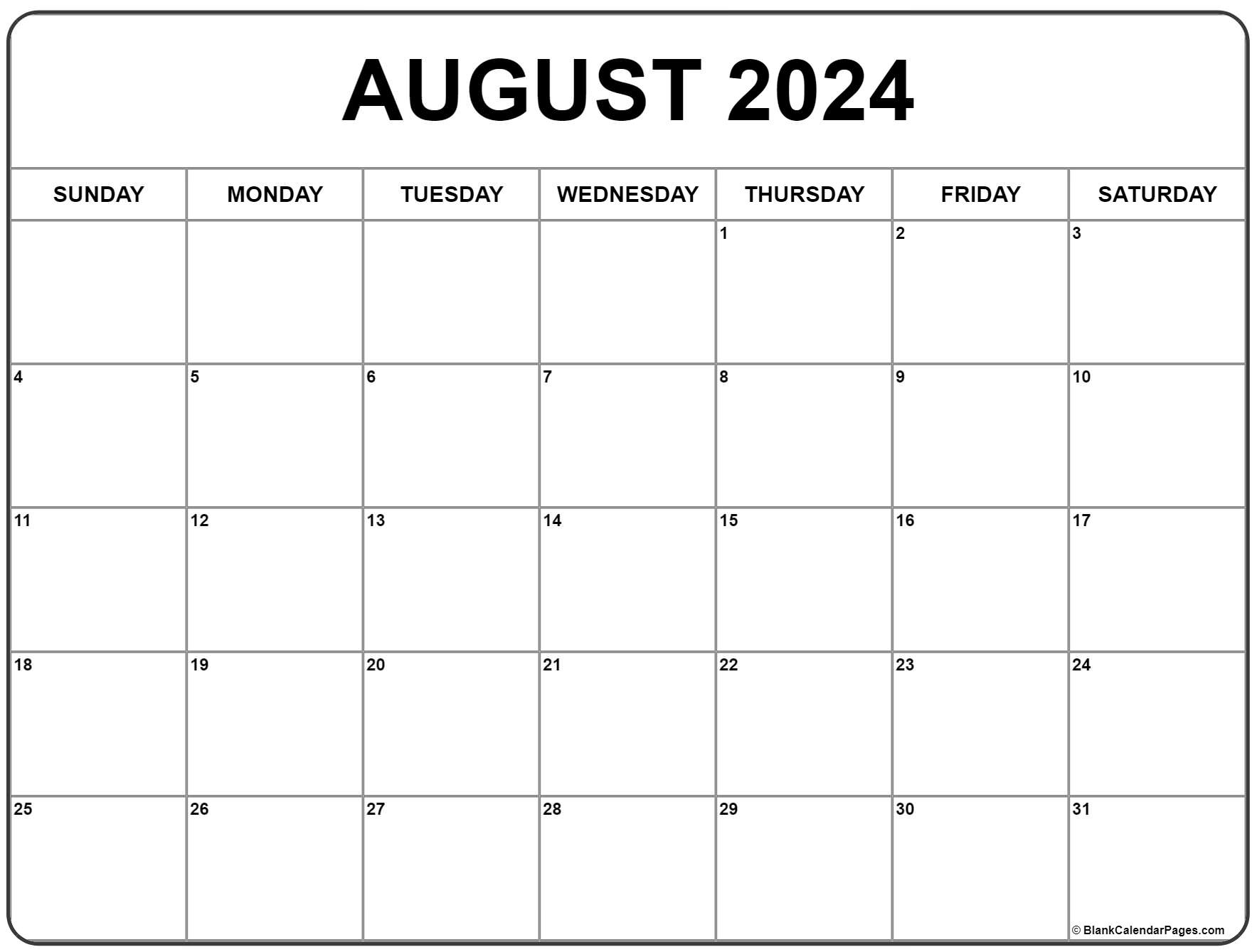 August 2024 Calendar | Free Printable Calendar | 2024 Blank Printable Calendar