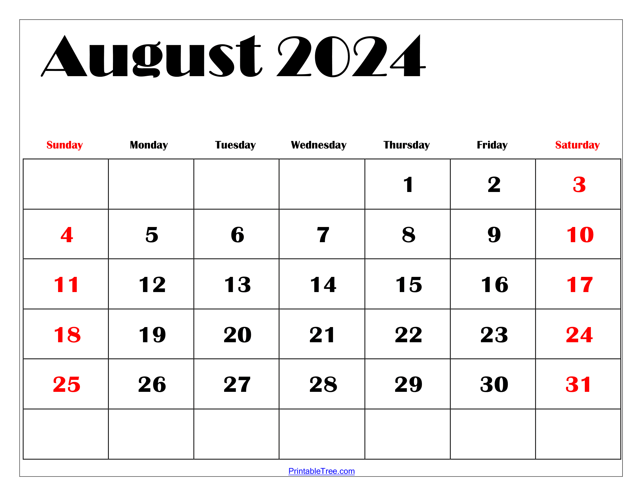 2024 August Calendar Printable Calendar 2024 Printable Calendar 2024