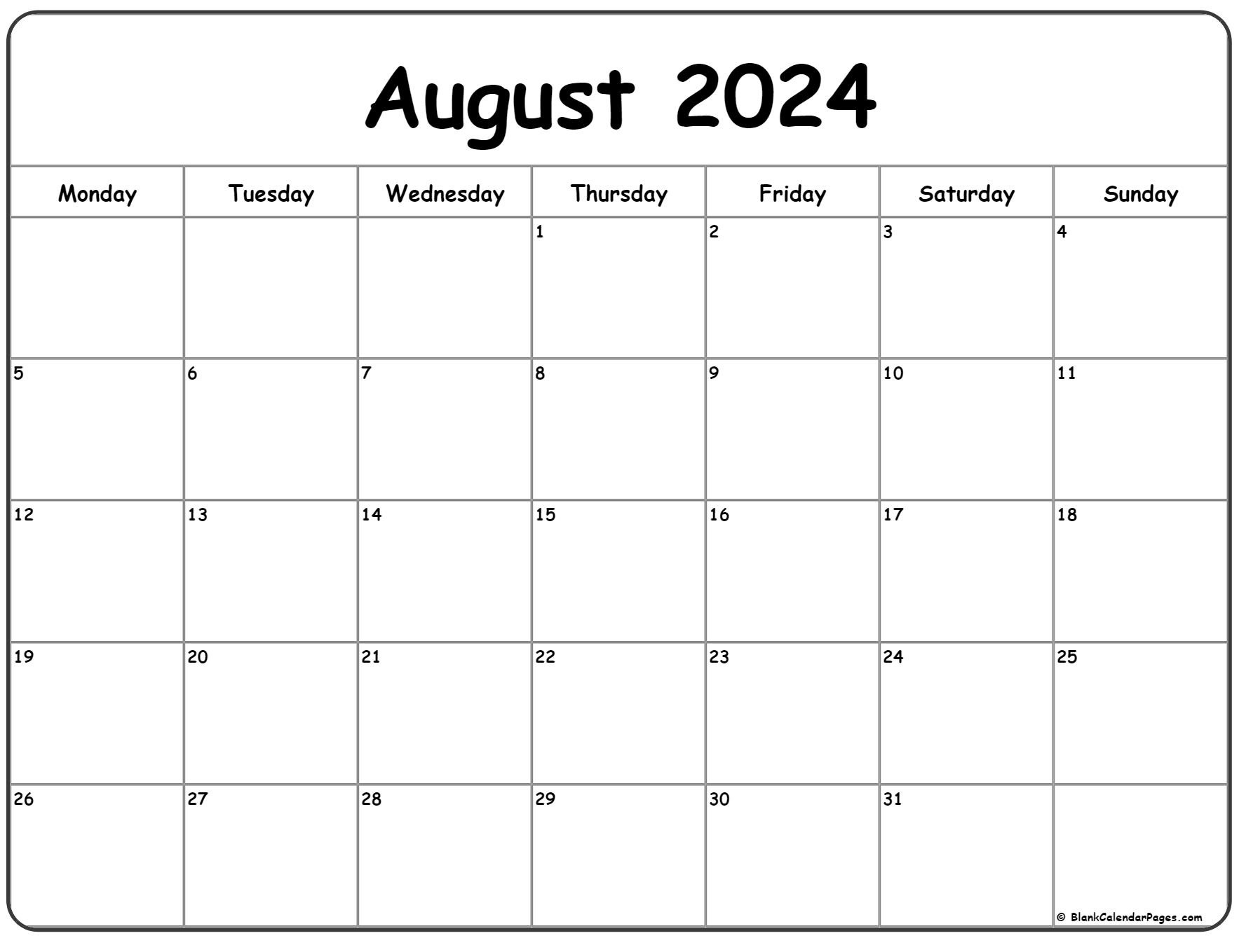 August 2024 Monday Calendar | Monday To Sunday | 2024 August Calendar Printable