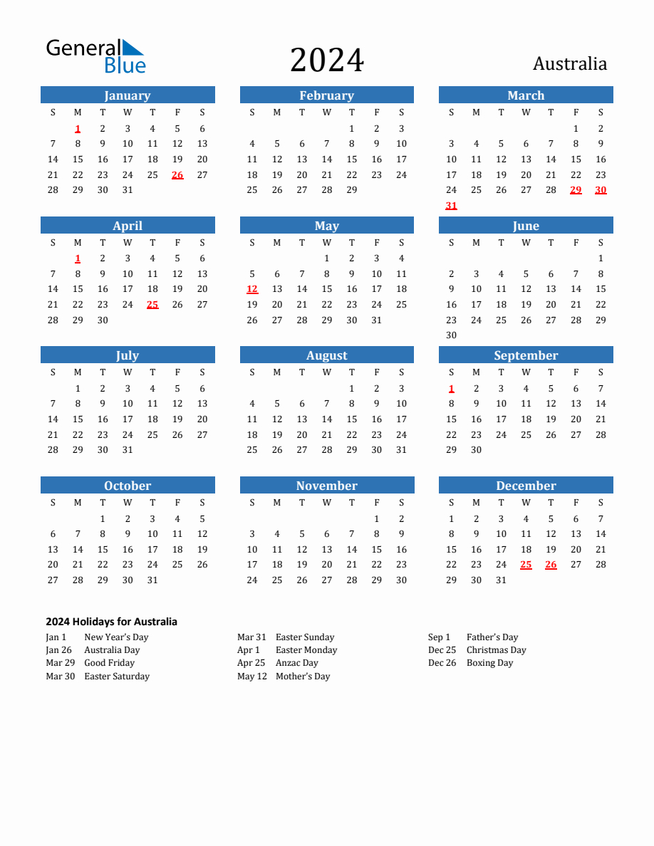 Australia 2024 Calendar With Holidays | 2024 Calendar With Holidays Australia Printable