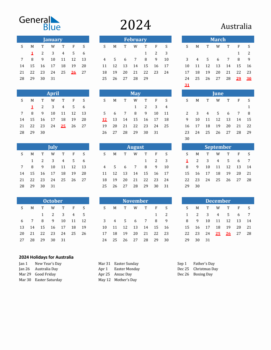 Australia 2024 Calendar With Holidays | Printable Calendar 2024 Australia