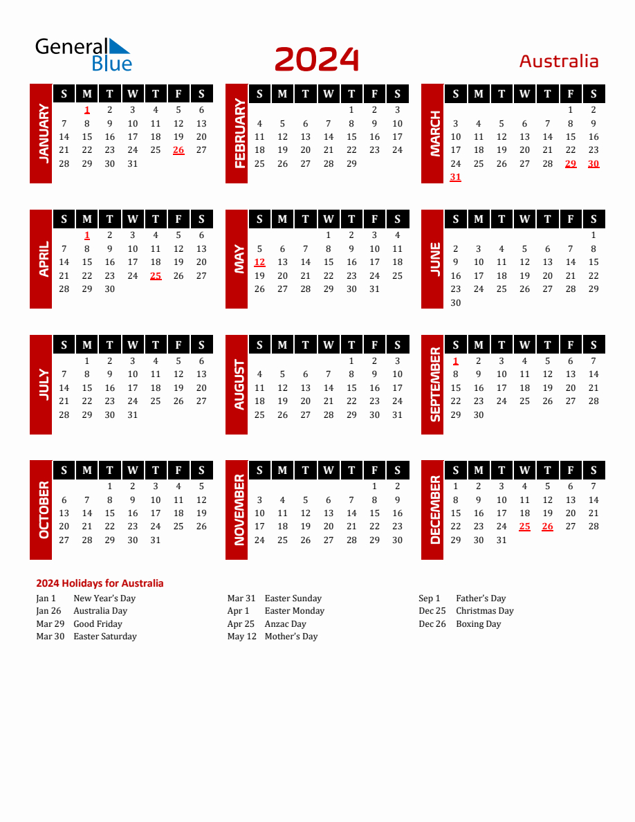 Australia 2024 Yearly Calendar Downloadable | 2024 Calendar with Holidays Australia Printable