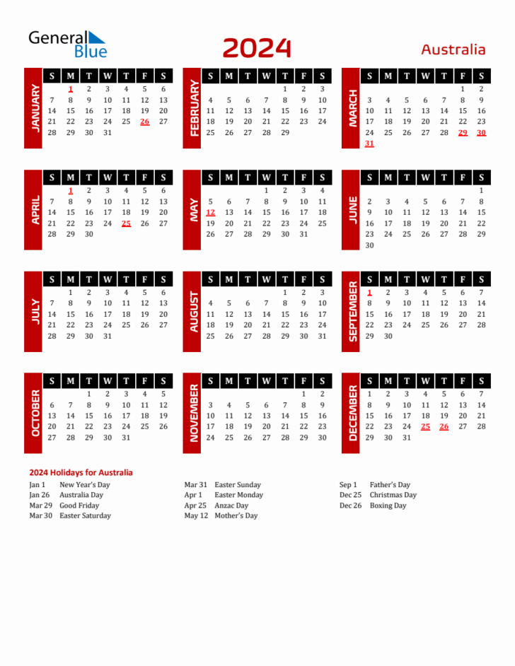 Printable Calendar 2024 Australia | Calendar 2024