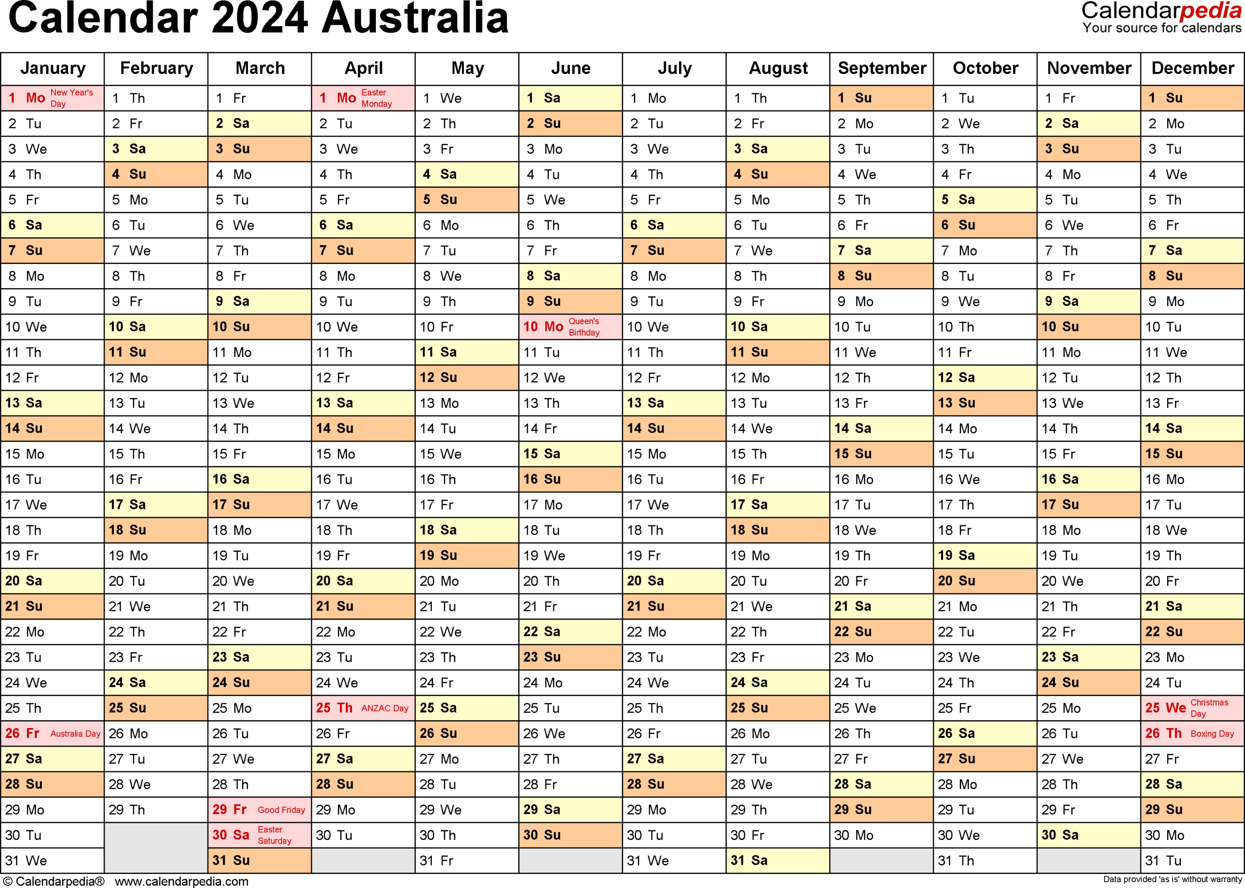 Australia Calendar 2024 - Free Printable Pdf Templates |  Calendar 2024