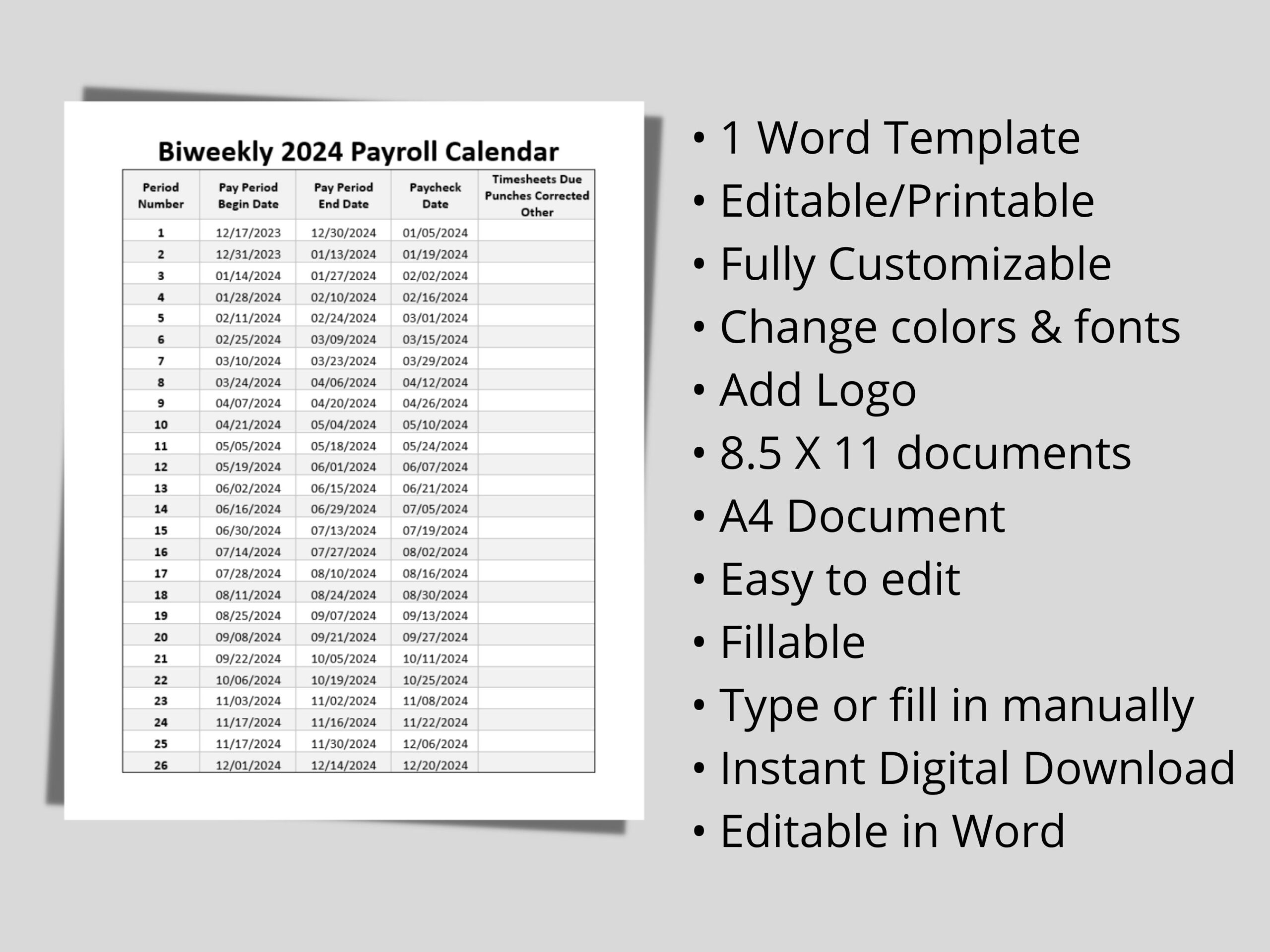 2024 Payroll Calendar Biweekly Printable Calendar 2024 Printable