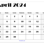 Blank April 2024 Calendar Printable Pdf Template With Holidays | Printable Calendar April 2024