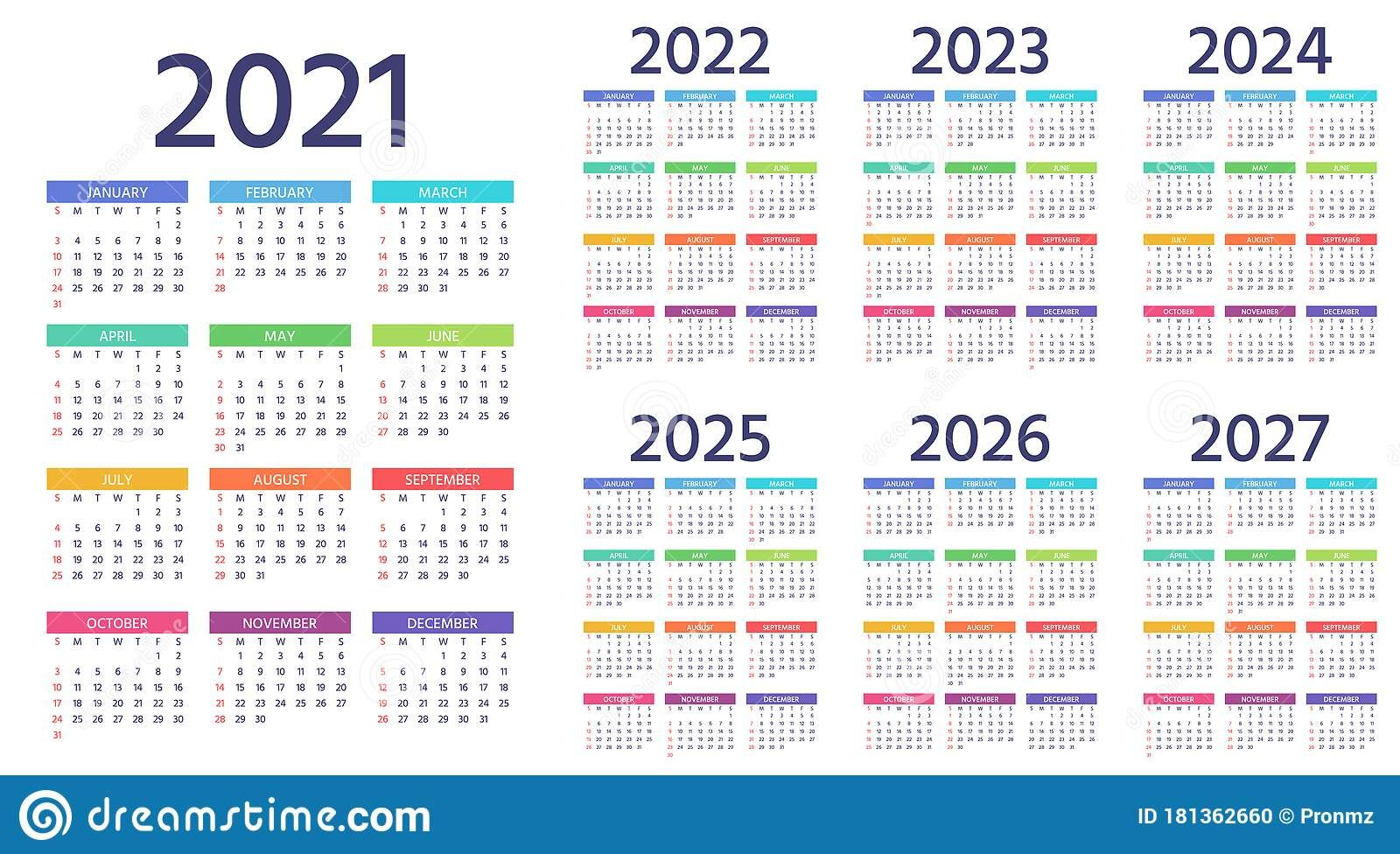 Calendar 2021 2022 2023 2024 2025 2026 2027 Years. Vector | Printable 3 Year Calendar 2022 to 2024