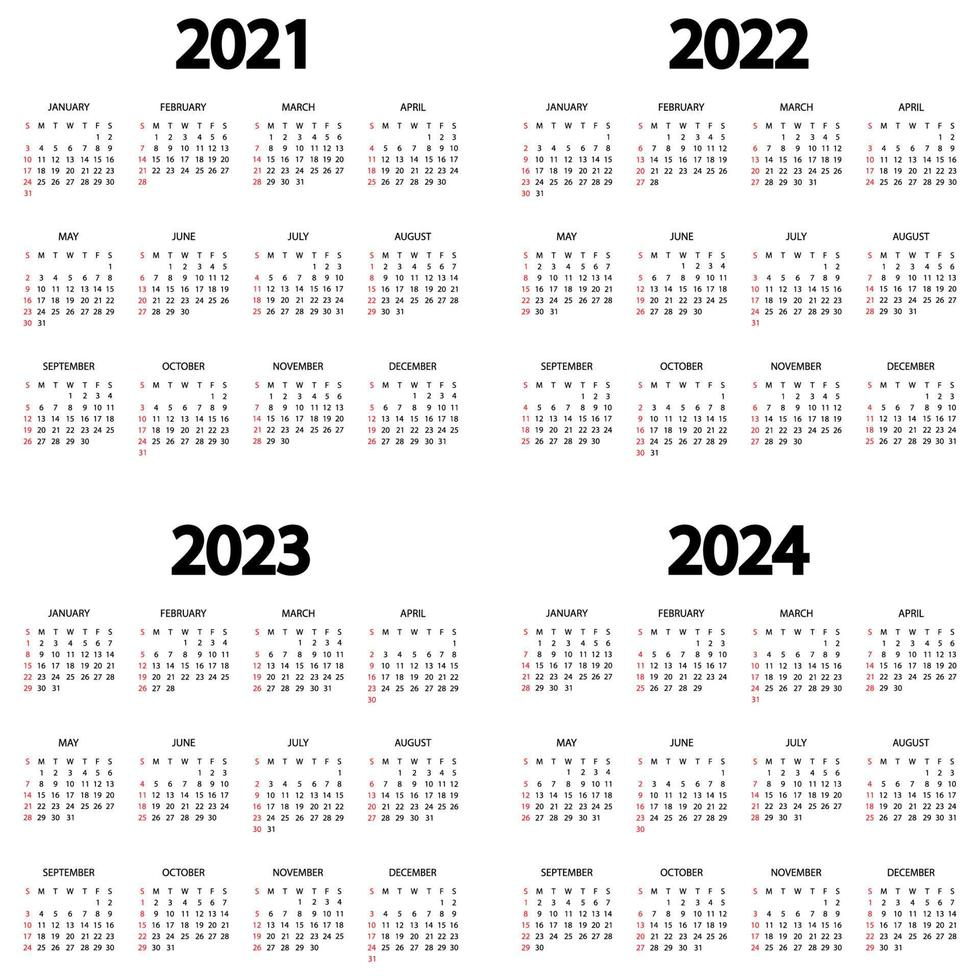 Calendar 2021, 2022, 2023, 2024 Year. The Week Starts On Sunday | Free Printable 3 Year Calendar 2022 to 2024