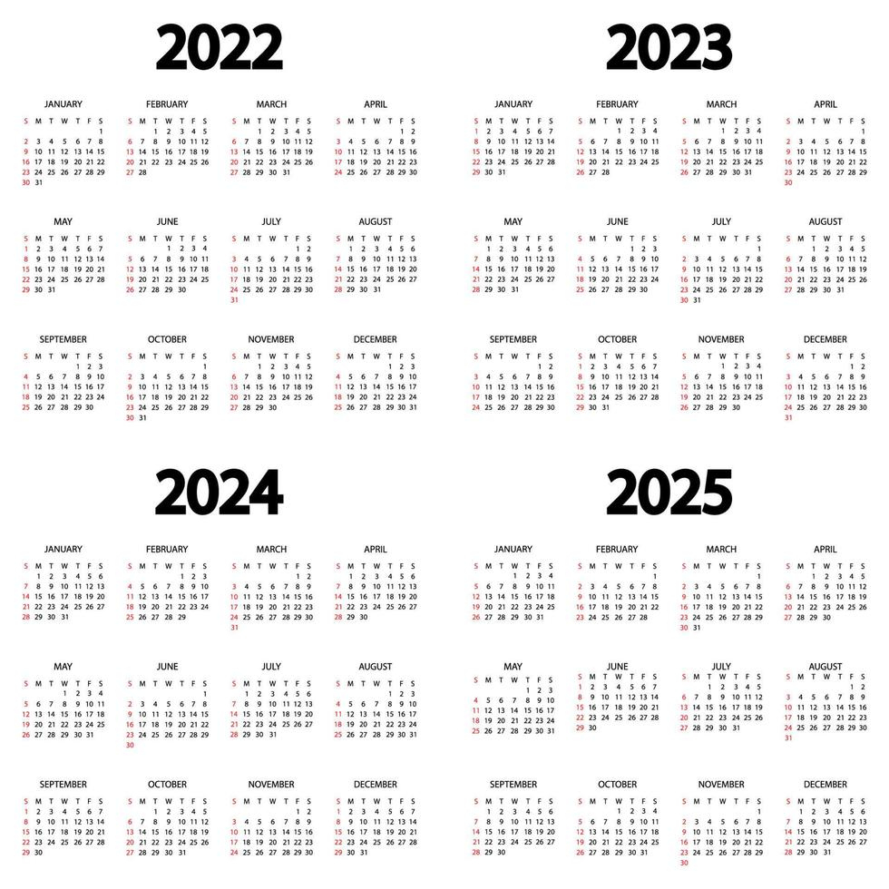 Calendar 2022, 2023, 2024, 2025 Year. The Week Starts On Sunday | Free Printable 3 Year Calendar 2022 to 2024