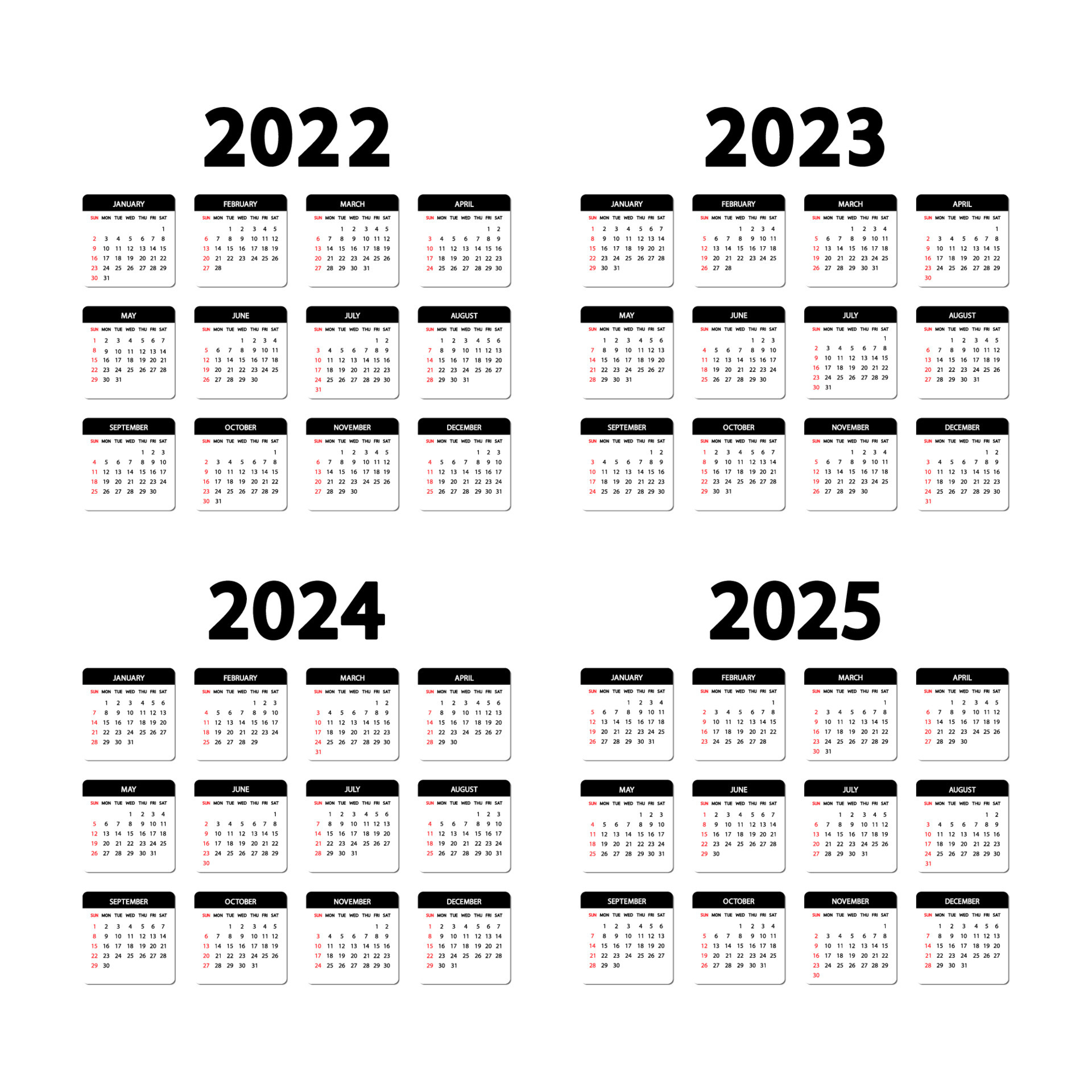 Calendar 2022, 2023, 2024 And 2025 Years. The Week Starts Sunday | 3 Year Calendar 2022 To 2024 Printable Free