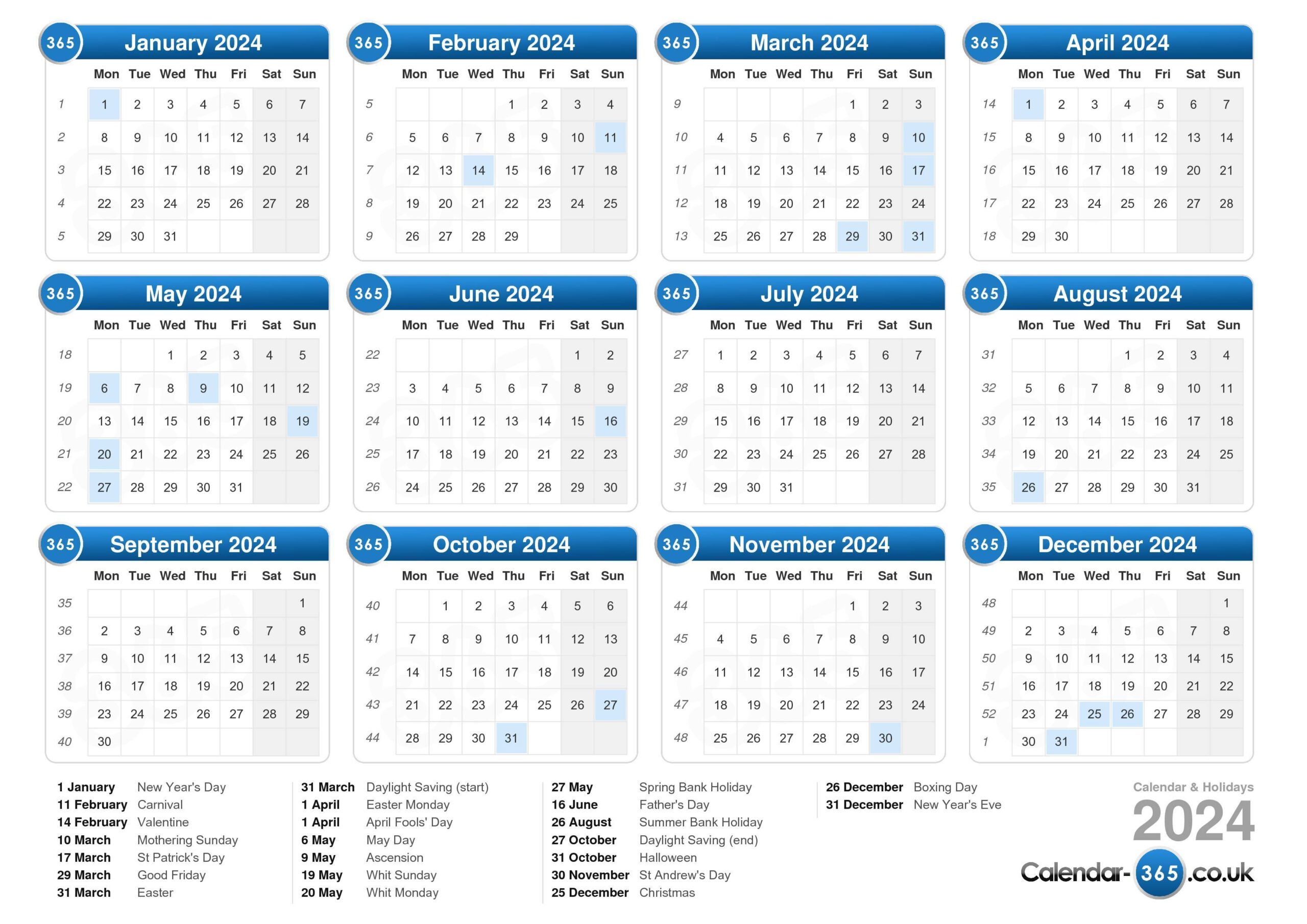 Calendar 2024 | 2024 Printable Calendar UK