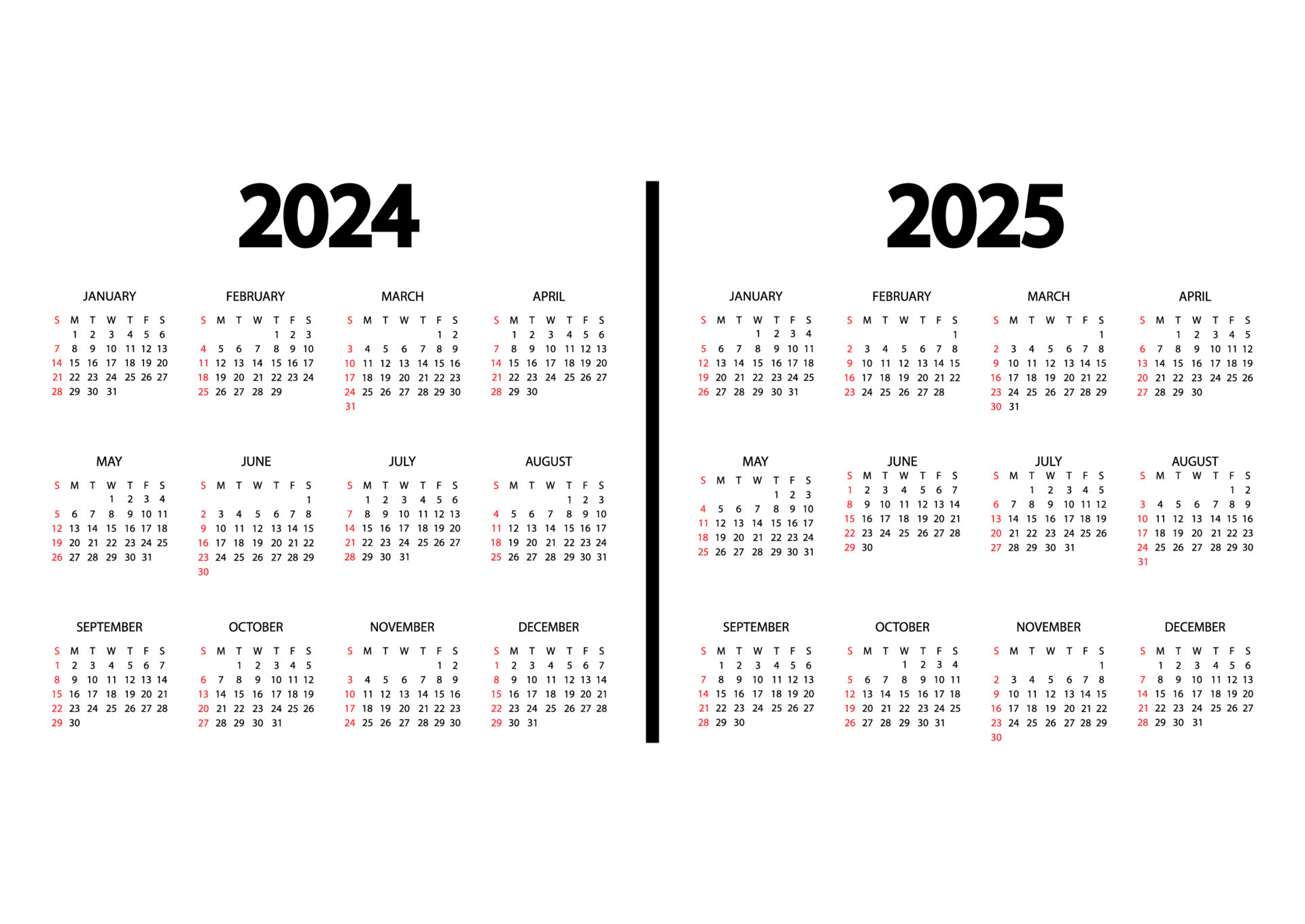 Calendar 2024, 2025 Year. The Week Starts On Sunday. Annual | 2024 And 2025 Calendar Printable