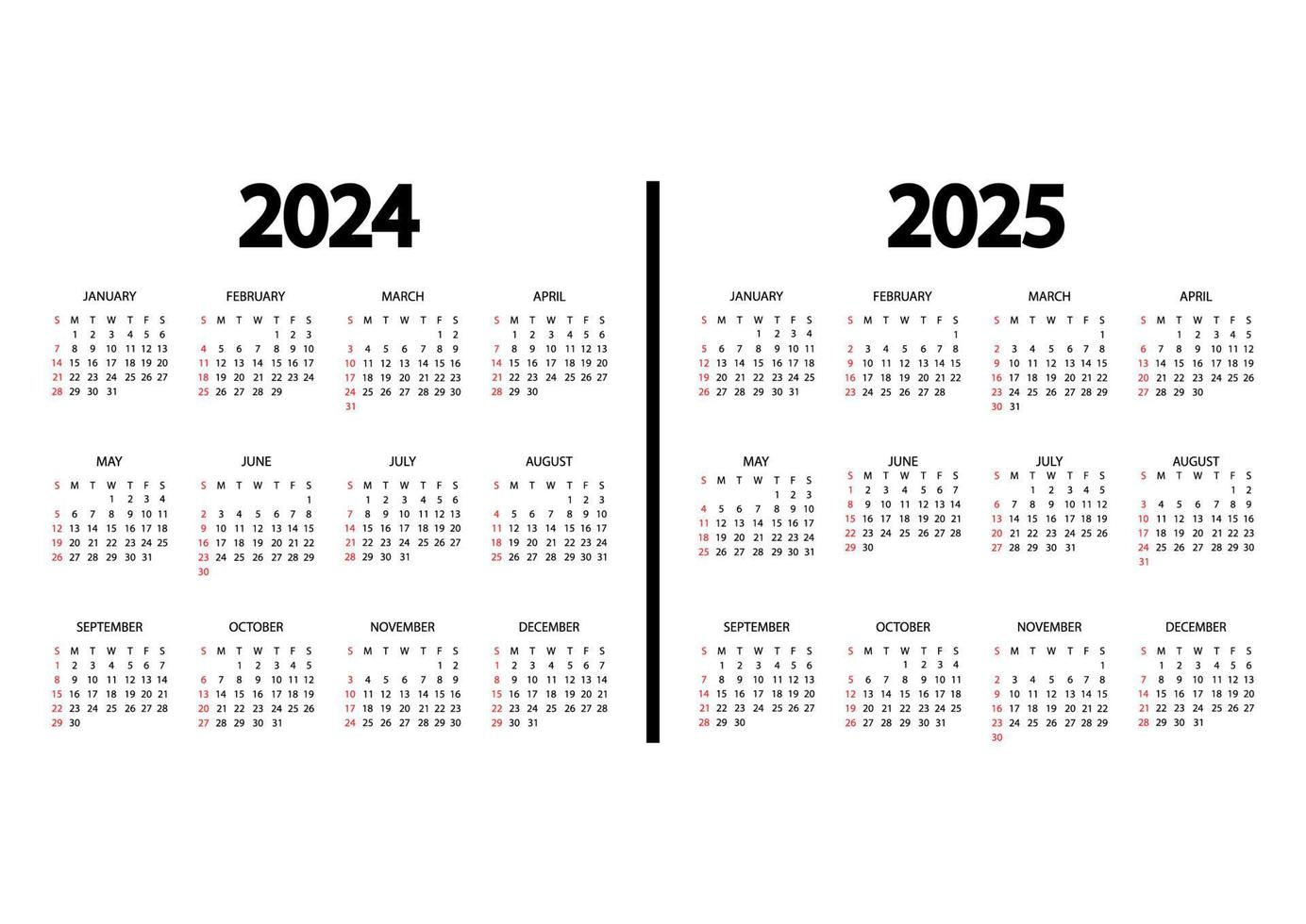 Calendar 2024, 2025 Year. The Week Starts On Sunday. Annual | Printable 2024 and 2025 Calendar