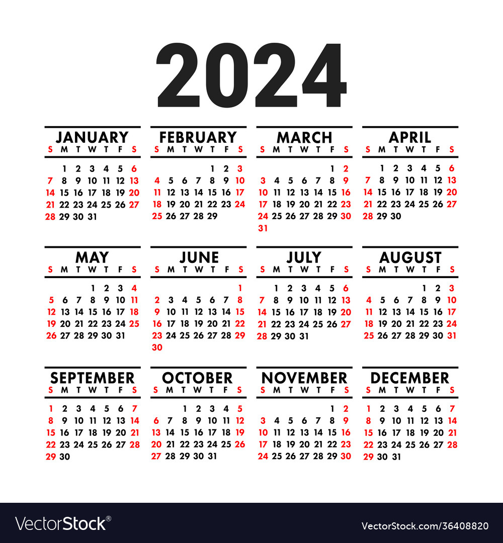 Calendar 2024 English Square Wall Or Pocket Vector Image | 2024 Pocket Calendar Printable