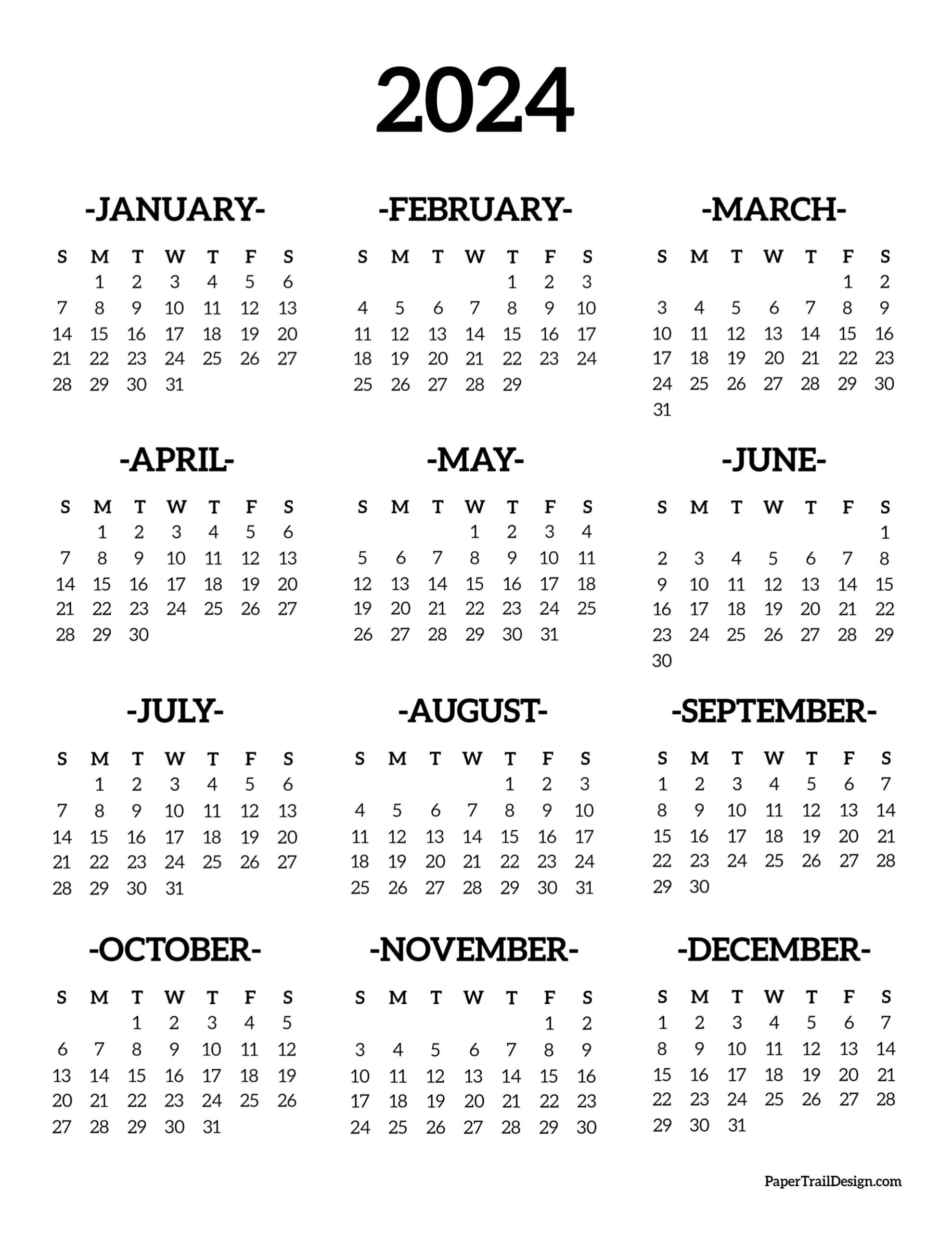 Calendar 2024 Printable One Page - Paper Trail Design | 2024 at a Glance Calendar Printable