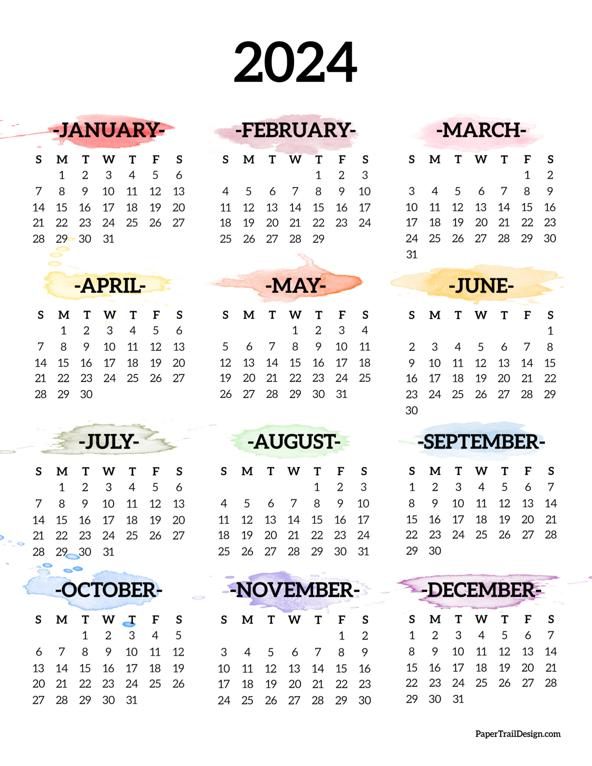 Calendar 2024 Printable One Page - Paper Trail Design | 2024 One Page Printable Calendar