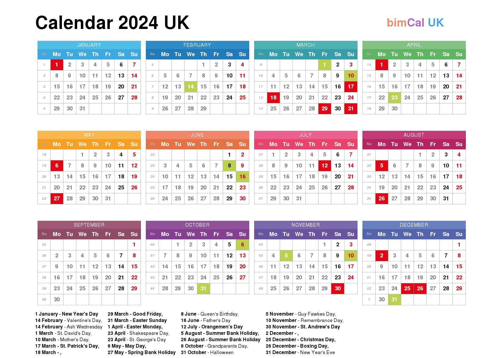 Calendar 2024 Uk - Bimcal.uk 🇬🇧 | 2024 Calendar UK with Bank Holidays Printable