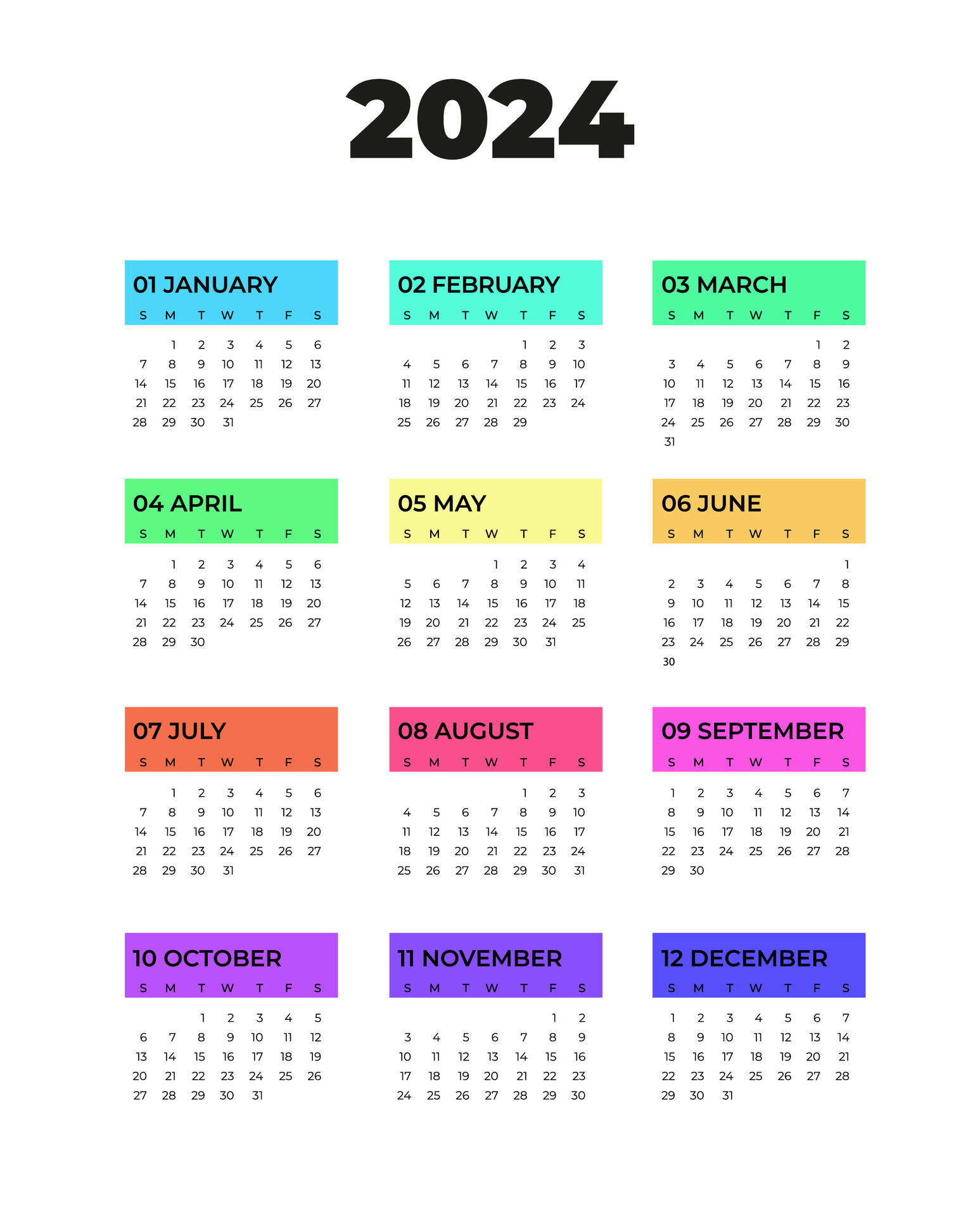 Calendar 2024, Week Starts From Sunday, On White Background Black |  Calendar 2024