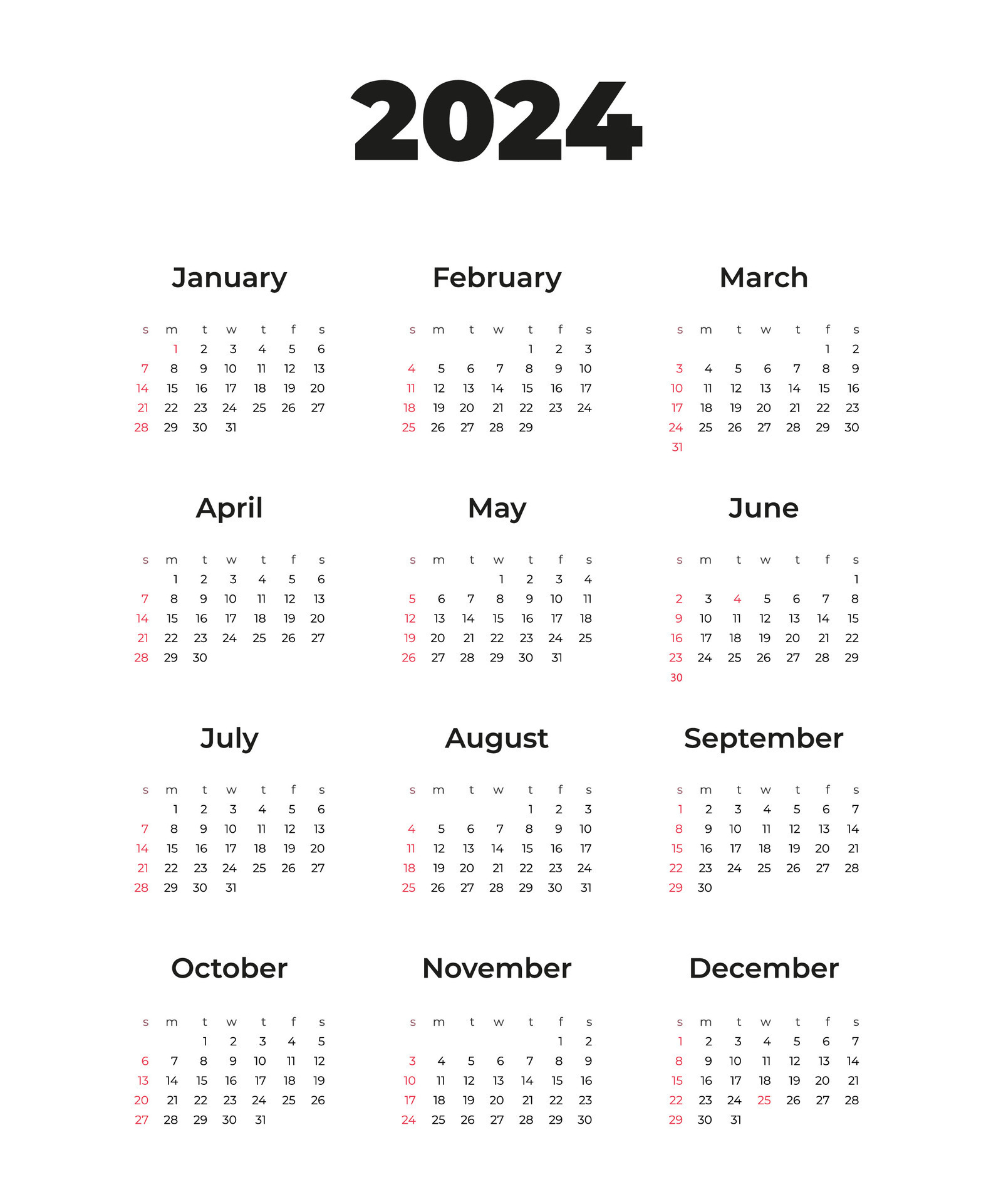 Calendar 2024, Week Starts On Sunday, On White Background |  Calendar 2024