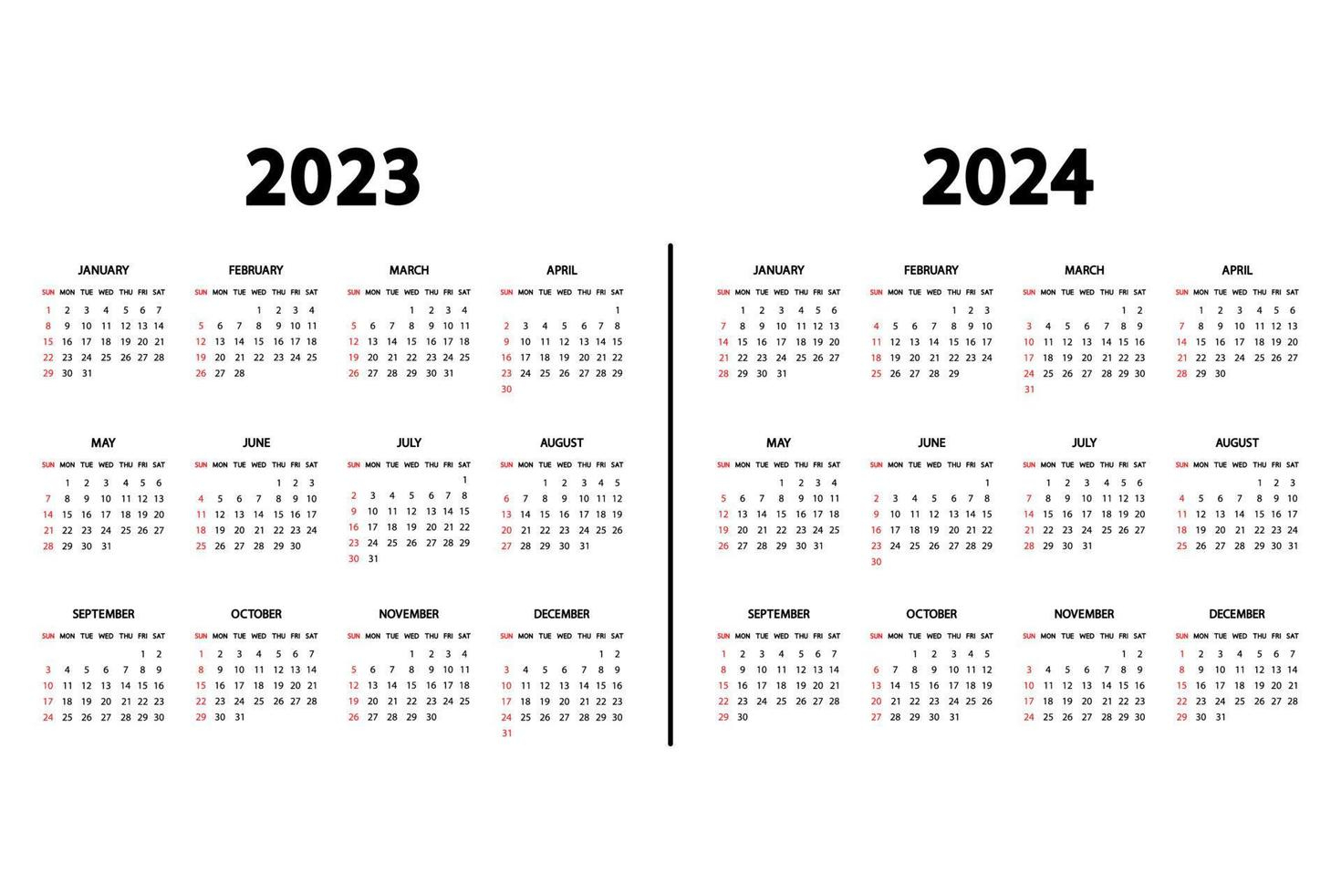 Calendar English 2023 And 2024 Years. The Week Starts Sunday |  Calendar 2024