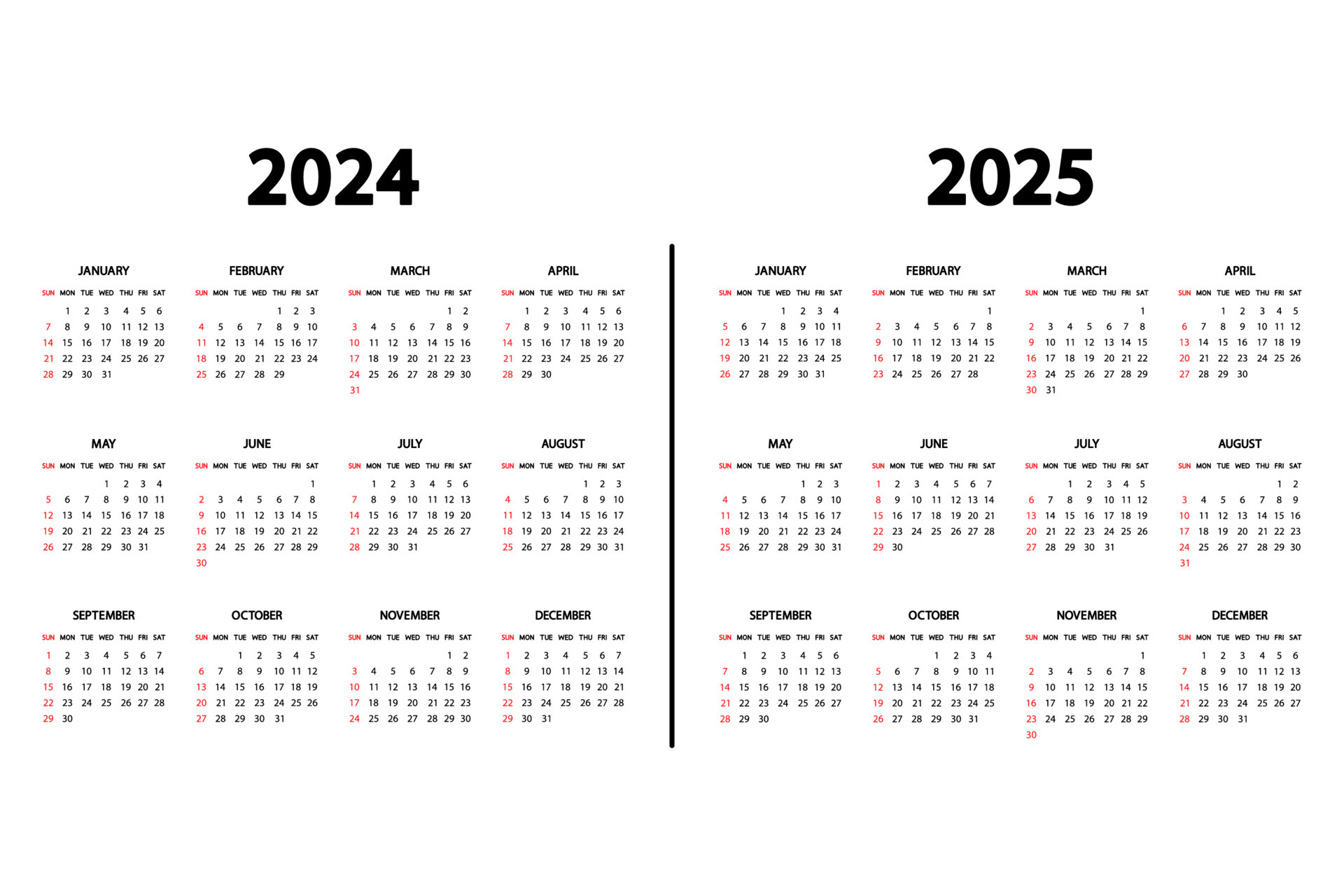 Calendar English 2024 And 2025 Years. The Week Starts Sunday | 2024 and 2025 Calendar Printable