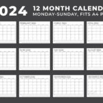 Calendar Template For 2024. Monday To Sunday. 12 Month Calendar | 2024 Blank Printable Calendar
