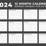 Calendar Template For 2024. Monday To Sunday. 12 Month Calendar | Blank 2024 Calendar Printable