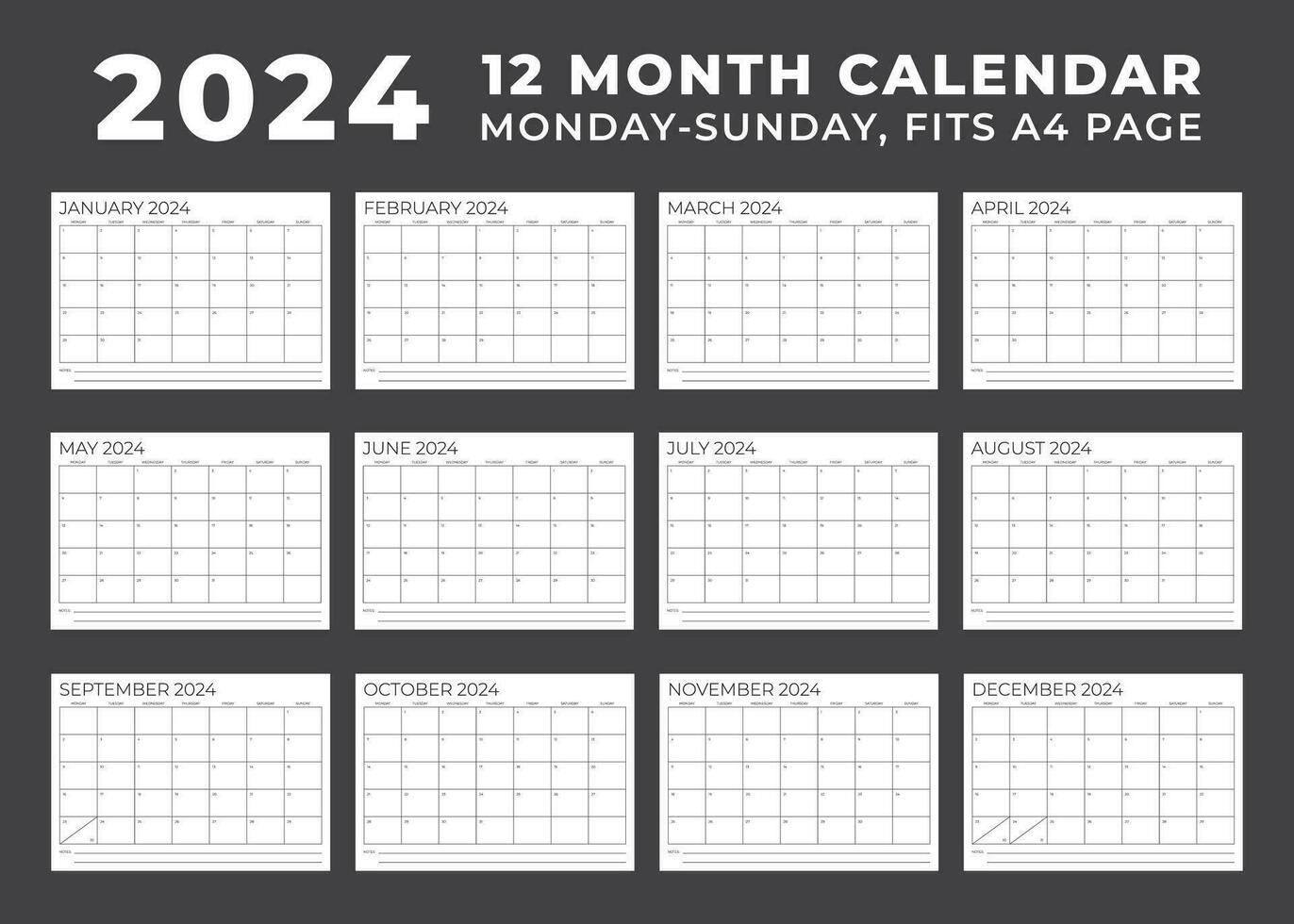 Calendar Template For 2024. Monday To Sunday. 12 Month Calendar | Blank 2024 Calendar Printable