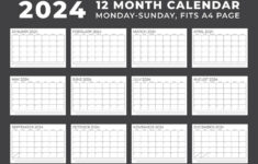 Calendar Template For 2024. Monday To Sunday. 12 Month Calendar |  Calendar 2024