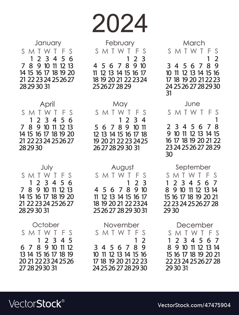 Calendar Template For The Year 2024 In Simple Vector Image | 2024 Mini Calendar Printable