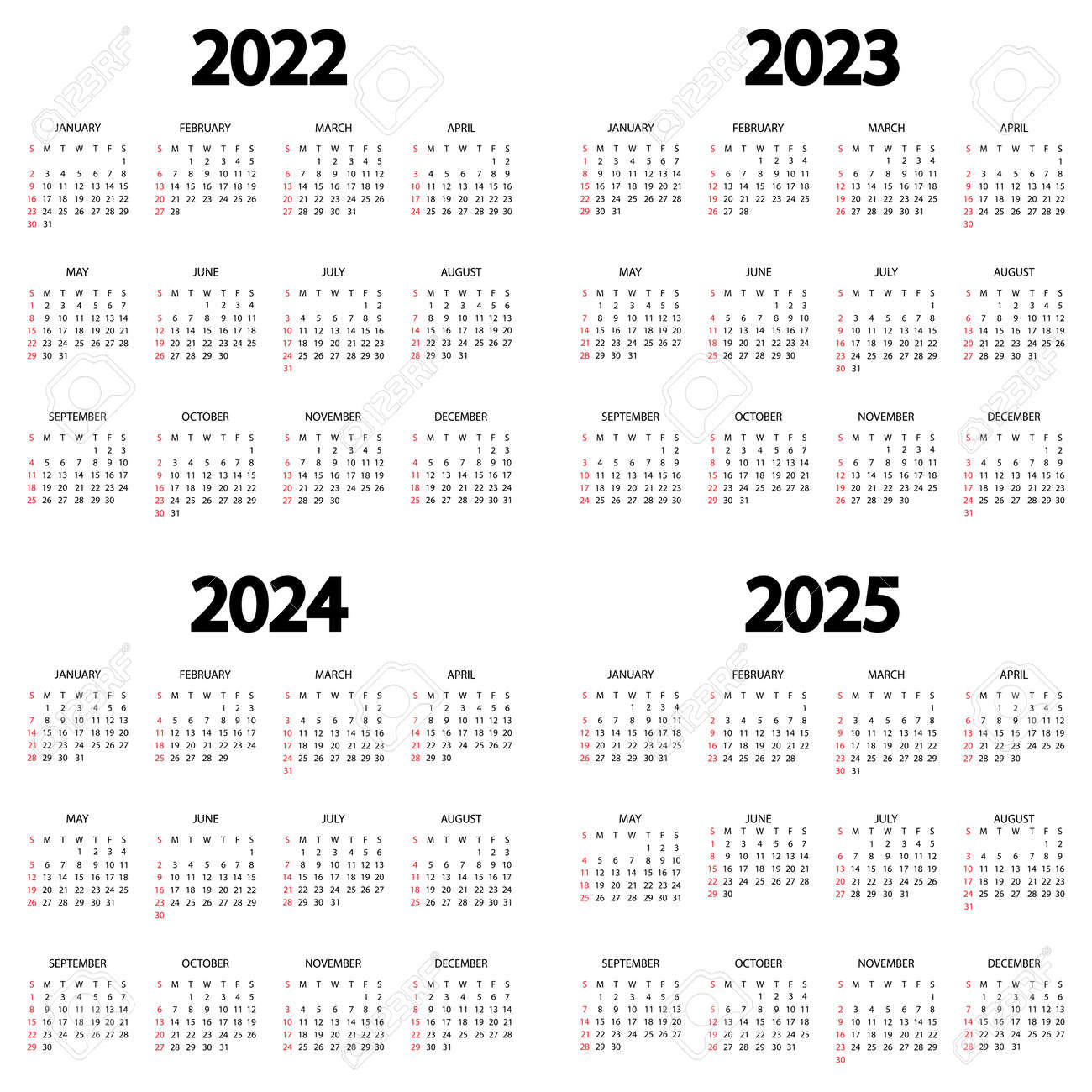 Calendrier 2022, 2023, 2024, 2025 Ans. La Semaine Commence Le | 3 Year Calendar 2022 To 2024 Printable