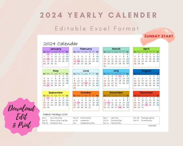 2024 Calendar with Holidays Printable Excel | Calendar 2024