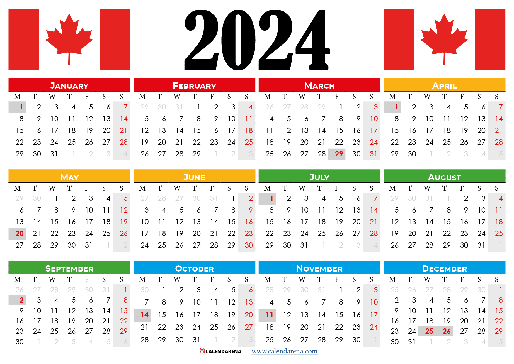 Canada 2024 Calendar With Holidays Printable | 2024 Canadian Calendar Printable